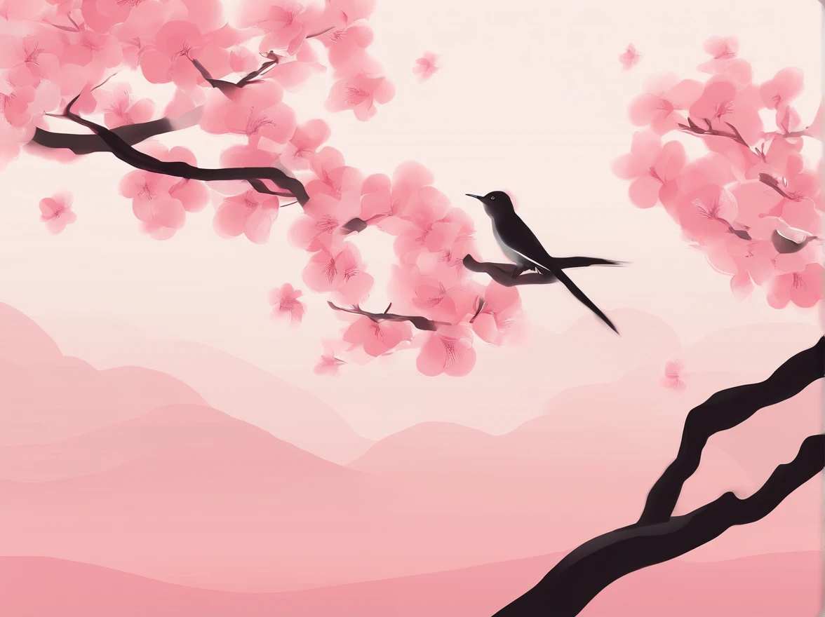 Flying cherry blossoms ,( glute, illustration,Ancient beauty,Beautiful posture,Photograph the body sideways with the camera,Curvy body)(The characters are again located below the picture)(((Hand drawn illustrations))),(A few little flying swallows),((pink gradient background)),illustration,poster for,,abstract paintings,Disney style,Clear contour illumination,rim-light,fanciful,A small amount of cherry blossoms,(((Chinese landscape painting style,Product posters))),Vector graphics