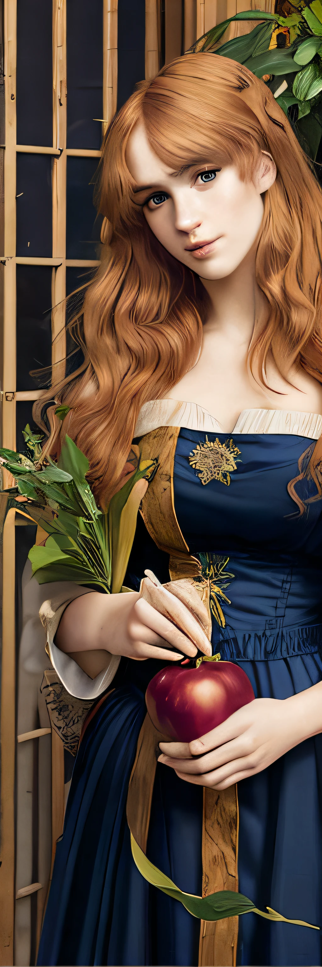 8K.pre-raphaelite style,Dante Gabriel Rossetti,Detailed oil painting,deep shade,everything is in focus,One beautiful western woman,correct posing,A melancholy look,Holding a pomegranate in his left hand,Medieval Ultramarine Blue Clothing,Ivy plants in the background,inside of an ancient castle,nffsw, masutepiece, high details