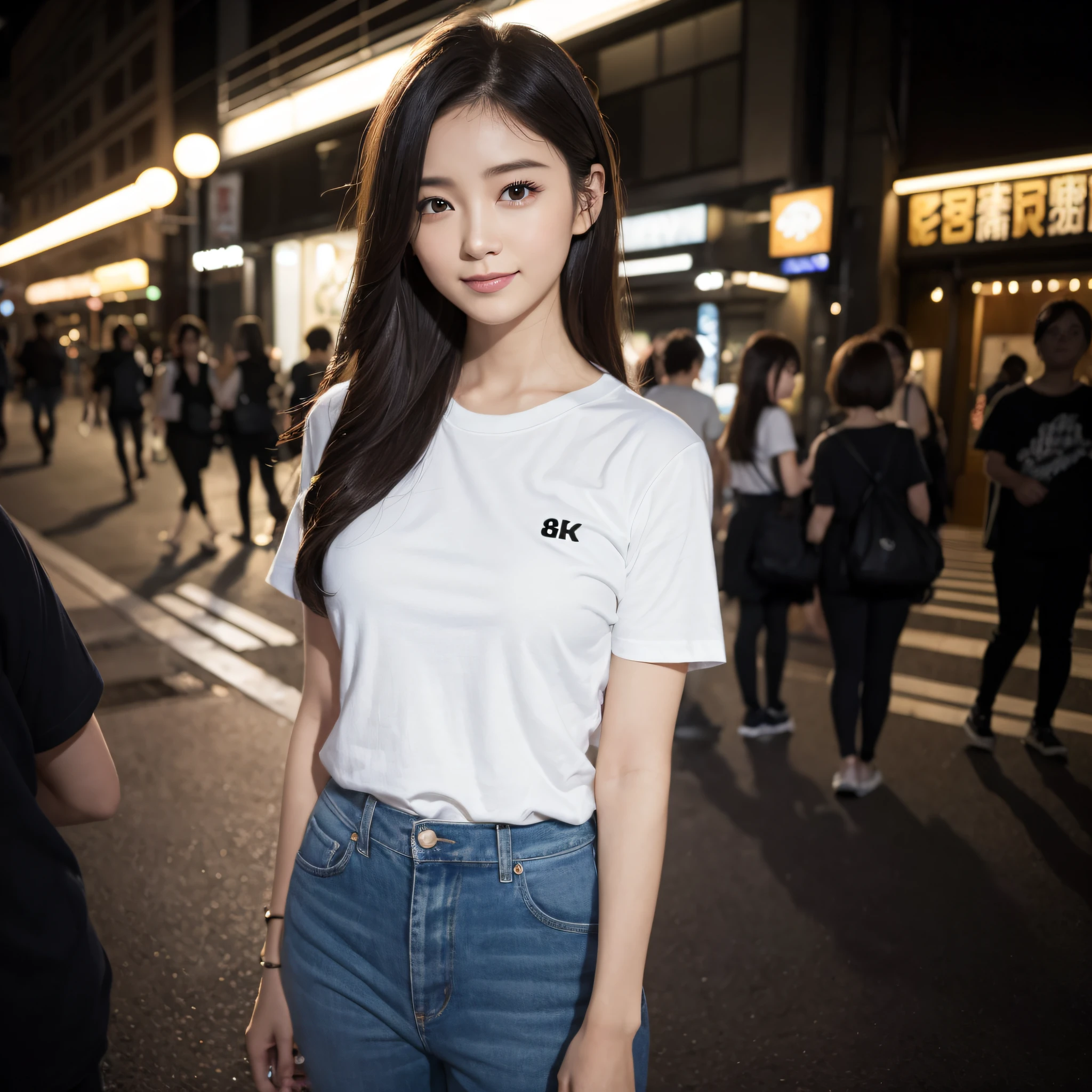 One lady、((best qualtiy、8k masterpieces:1.3))、foco nítido:1.2、(ultra beautiful faces:1.0)、(shinny skin:1.0)、photos realistic、A dark-haired、Video Lighting、High-definition eyes and face、Video Lighting、Japanese cute actress)、from the front side、medium breasts、Smile、Slender Abs Beauty、Whole body、wearing t-shirts、in tokyo at night