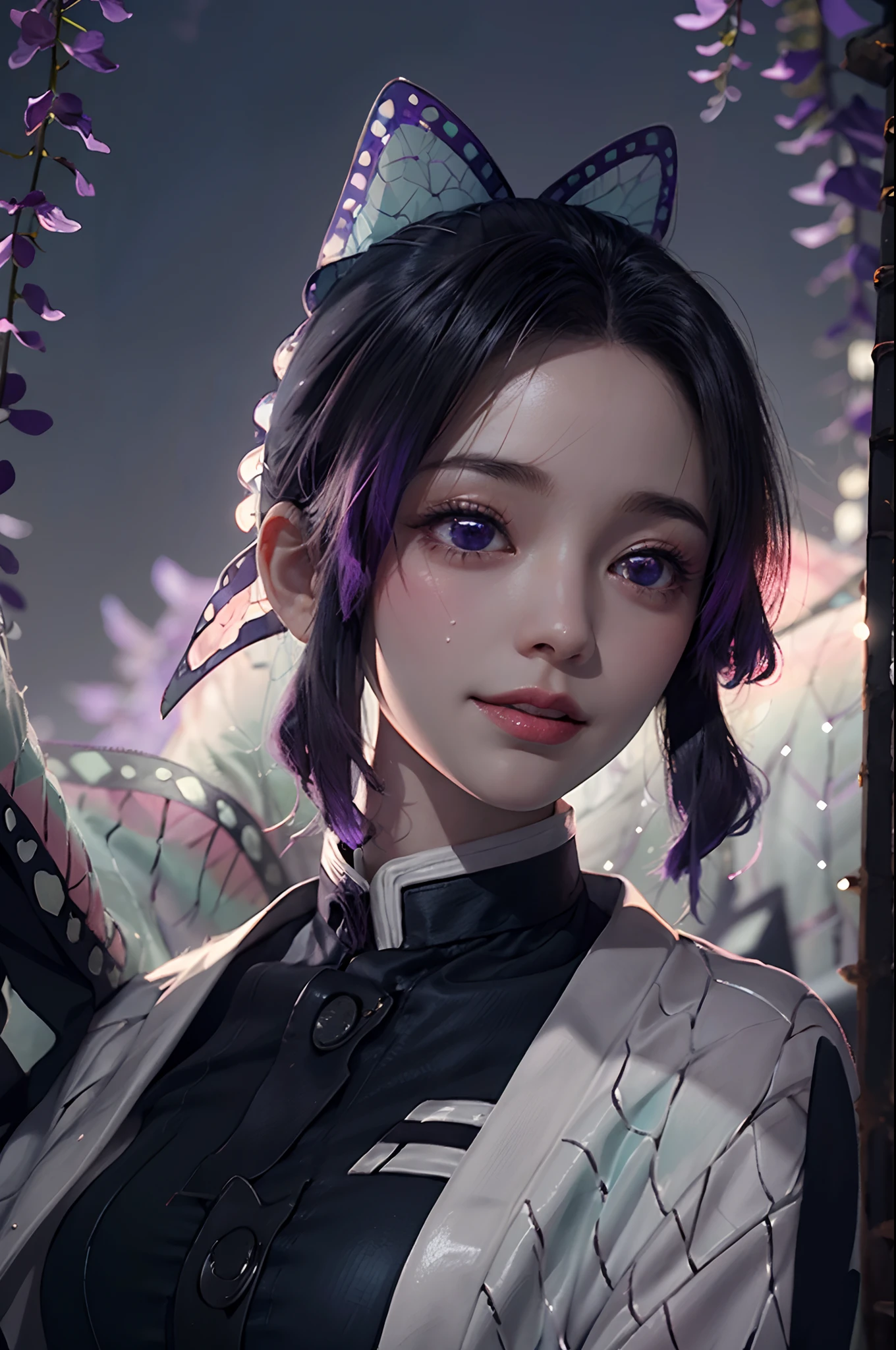 a 20 yo woman、Black blue Hair、Bery short hair、Big smile、(hi-top fade:1.3)、dark themed、Muted Tones、Subdued Color、highly contrast、(natural skin textures、Hyper-Realism、Soft light、sharp), cosplay of Shinobu kocho, Shinobu kocho character, hairstyle of Shinobu kocho, Ultra high res.photorealistic:.1.4, UHD, wearing a headphone in neck, Ultra high res.photorealistic:.1.4, UHD, , ultra-detailed eyelashes, Ultra-detailed lips, precisely drawn lip wrinkles, beautiful shiny lips, (shiny skin due to sweat: 0.9), ((glossy lips:1.3)), smile:1.4, beautiful background, long hair, Hair Color of Shinobu kocho, background blur intensity:70%,