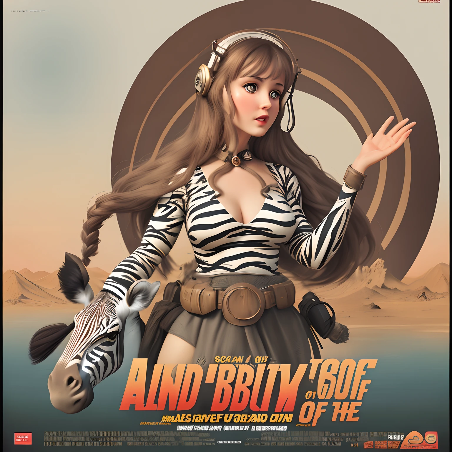 vintage sci-fi movie poster with title “LAND OF THE ZEBRA WOMEN”. Beautiful zebra-striped women