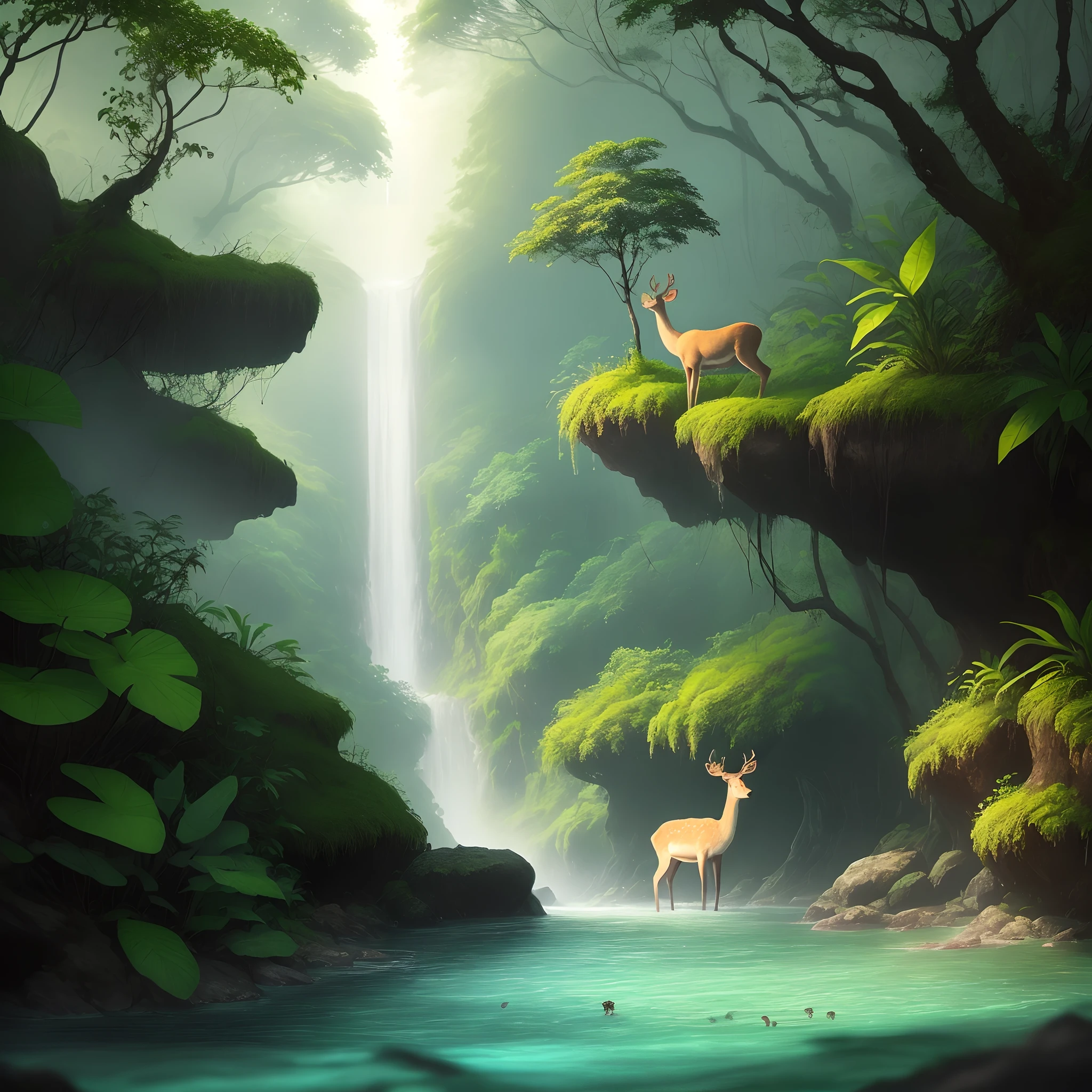 The view of a rainforest, on its edge, reveals two deer drinking from translucent water, showcasing a clear bottom rich with numerous fish.