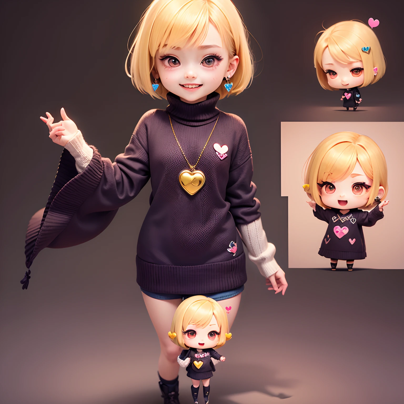 masterpiece、top-quality、ultra-detailliert、(Chibi Chara's Daughter:1.2)、(Heart motif earring:1.2)of vivid ping and (Heart motif knit:1.2)、Blonde Bob、background of Heart motif wallpaper、Full-body standing figure、Open your mouth and smile