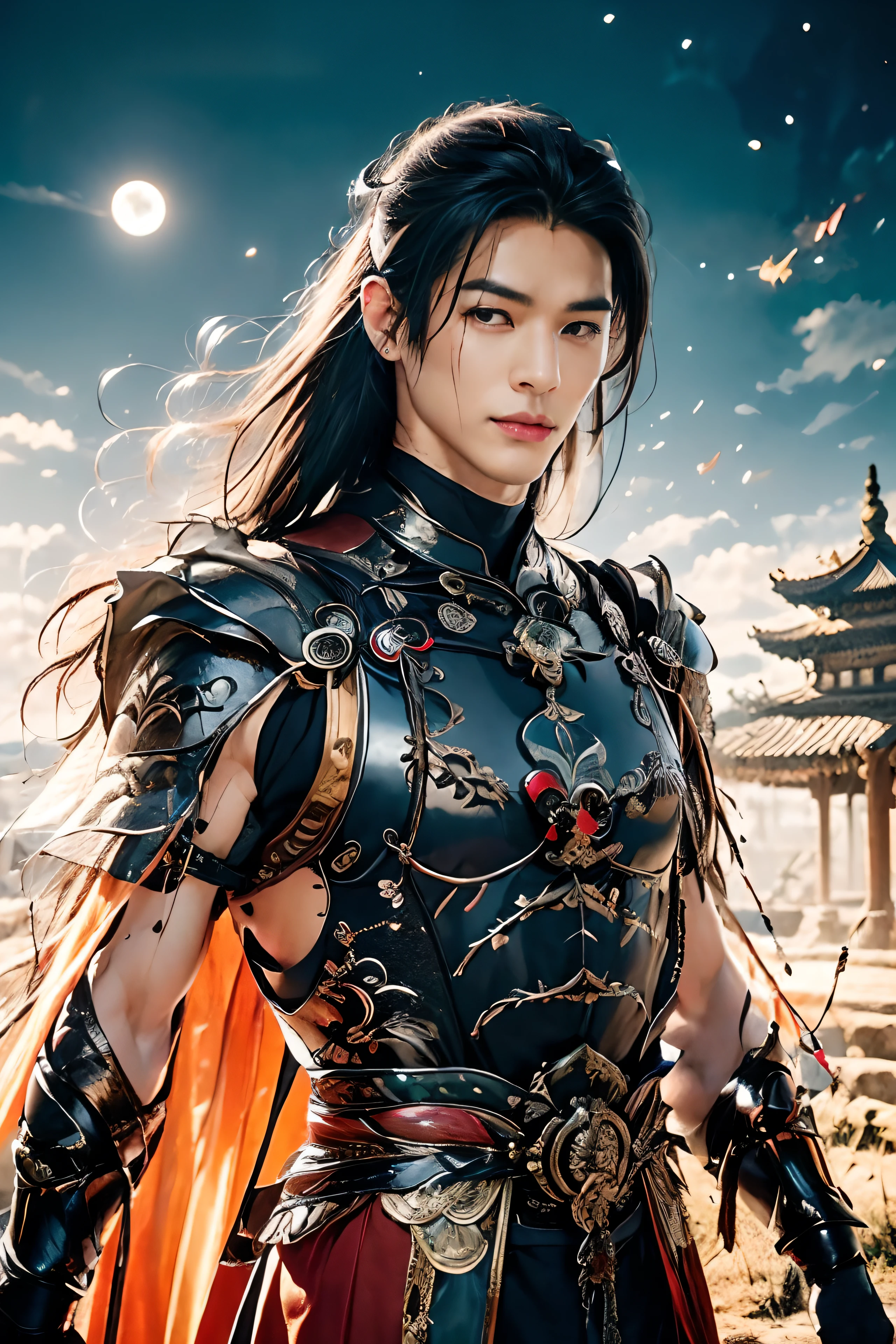 A 21-year-old Asian man,Thick eyebrows,Melon seed face,Handsome face,Men's full body ,A transparent streamer is tied to the body and flutters in the wind,The background is an ancient Chinese town,Time is night。Deep blue sky,A full moon,Lots of black lanterns,Pavilions and arch bridges,His skin is fair,He is slender, The limbs have pronounced muscle lines,high-definition photography,Real-world scenarios,Lots of detail, wearing black long coat, black long pants, black turtleneck shirt, lightning, magic, messy long hair, battle pose, warrior, looking at viewer, proud