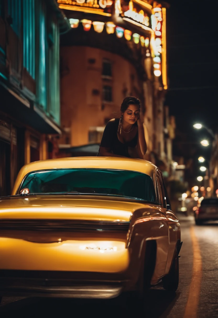 mulher chorando com o carro estragado em uma estrada a noite
