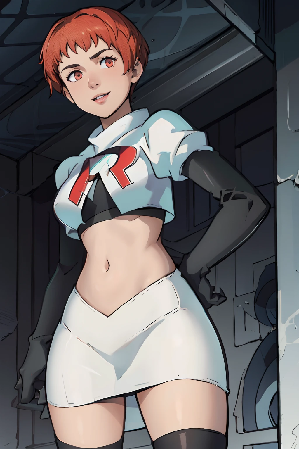 leonie pinelli, short hair, team rocket uniform, red letter R, white skirt,white crop top,black thigh-highs,black elbow gloves, confident smile, looking down on viewer