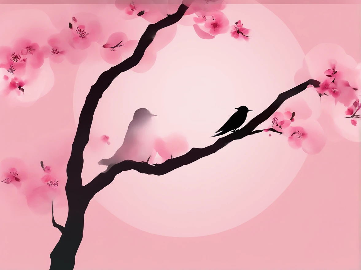 Flying cherry blossoms ,( glute, illustration,Ancient beauty,Beautiful posture,Photograph the body sideways with the camera,Curvy body)(The character is located below the picture)(((Hand drawn illustrations))),(A few small swallows),((pink gradient background)),illustration,poster for,,abstract paintings,Disney style,Clear contour illumination,rim-light,fanciful,A small amount of cherry blossoms,(((Chinese landscape painting style,Product posters))),Vector graphics