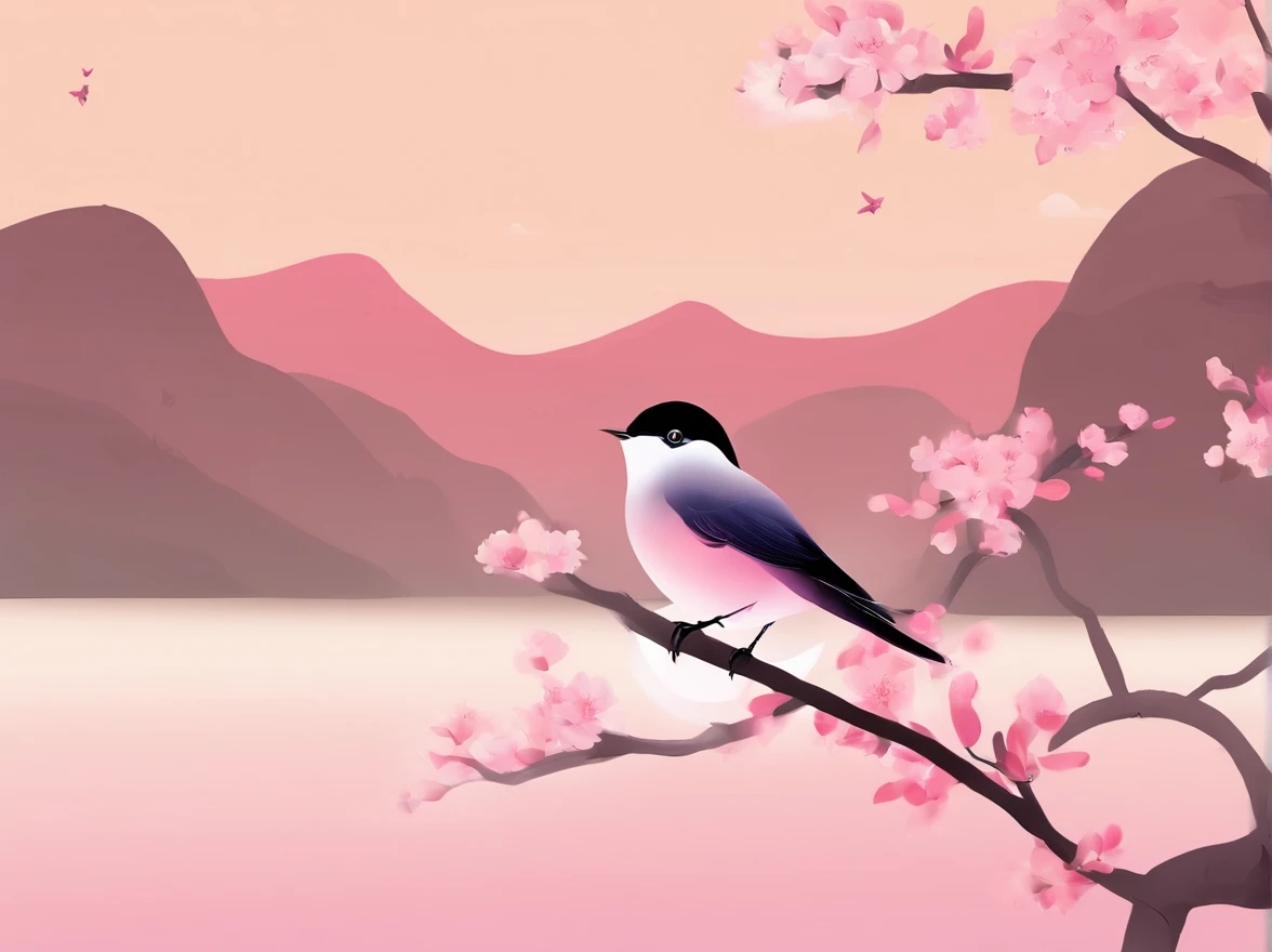 Flying cherry blossoms ,（ glute, illustration，Ancient beauty，Beautiful posture，Photograph the body sideways with the camera，Curvy body）（The character is located below the picture）（（（Hand drawn illustrations））），（A few small swallows），（（pink gradient background）），illustration，poster for，，abstract paintings，Disney  style，Clear contour illumination，rim-light，fanciful，A small amount of cherry blossoms，（（（Chinese landscape painting style，Product posters））），Vector graphics