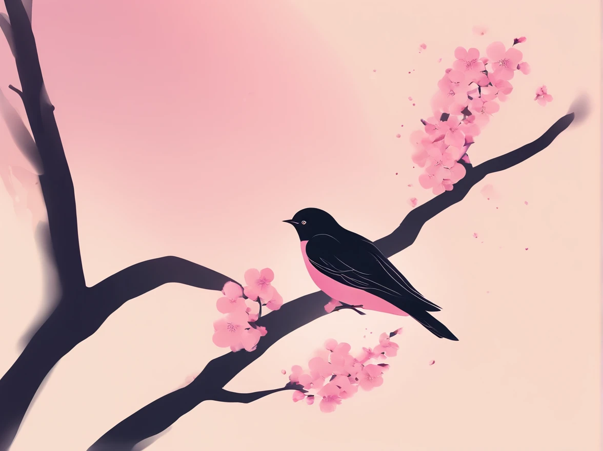 Flying cherry blossoms ,（ glute, illustration，Ancient beauty，Beautiful posture，Photograph the body sideways with the camera，Curvy body）（The character is located below the picture）（（（Hand drawn illustrations））），（A few small swallows），（（pink gradient background）），illustration，poster for，，abstract paintings，Disney  style，Clear contour illumination，rim-light，fanciful，A small amount of cherry blossoms，（（（Chinese landscape painting style，Product posters））），Vector graphics
