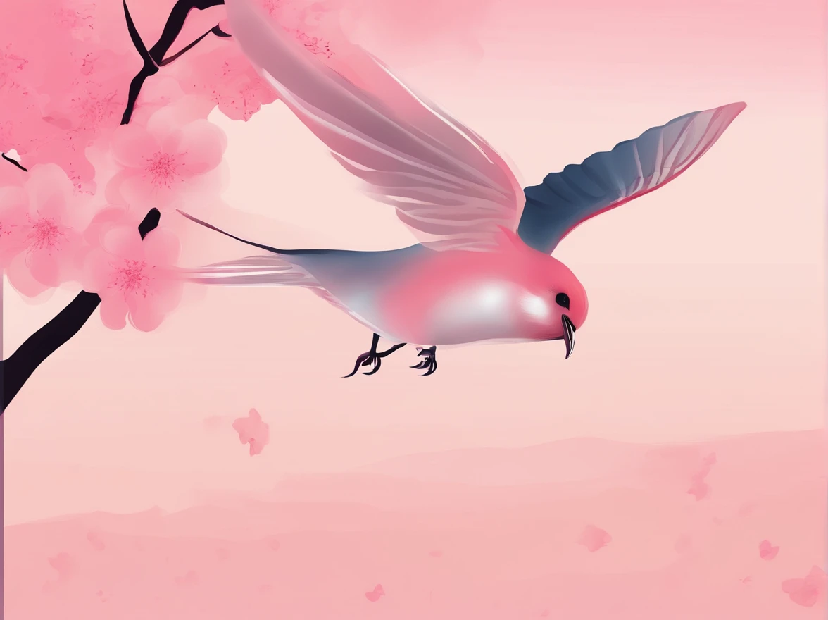 Flying cherry blossoms ,( glute, illustration,Ancient beauty,Beautiful posture,Photograph the body sideways with the camera,Curvy body)(The character is located below the picture)(((Hand drawn illustrations))),(A few small swallows),((pink gradient background)),illustration,poster for,,abstract paintings,Disney style,Clear contour illumination,rim-light,fanciful,A small amount of cherry blossoms,(((Chinese landscape painting style,Product posters))),Vector graphics