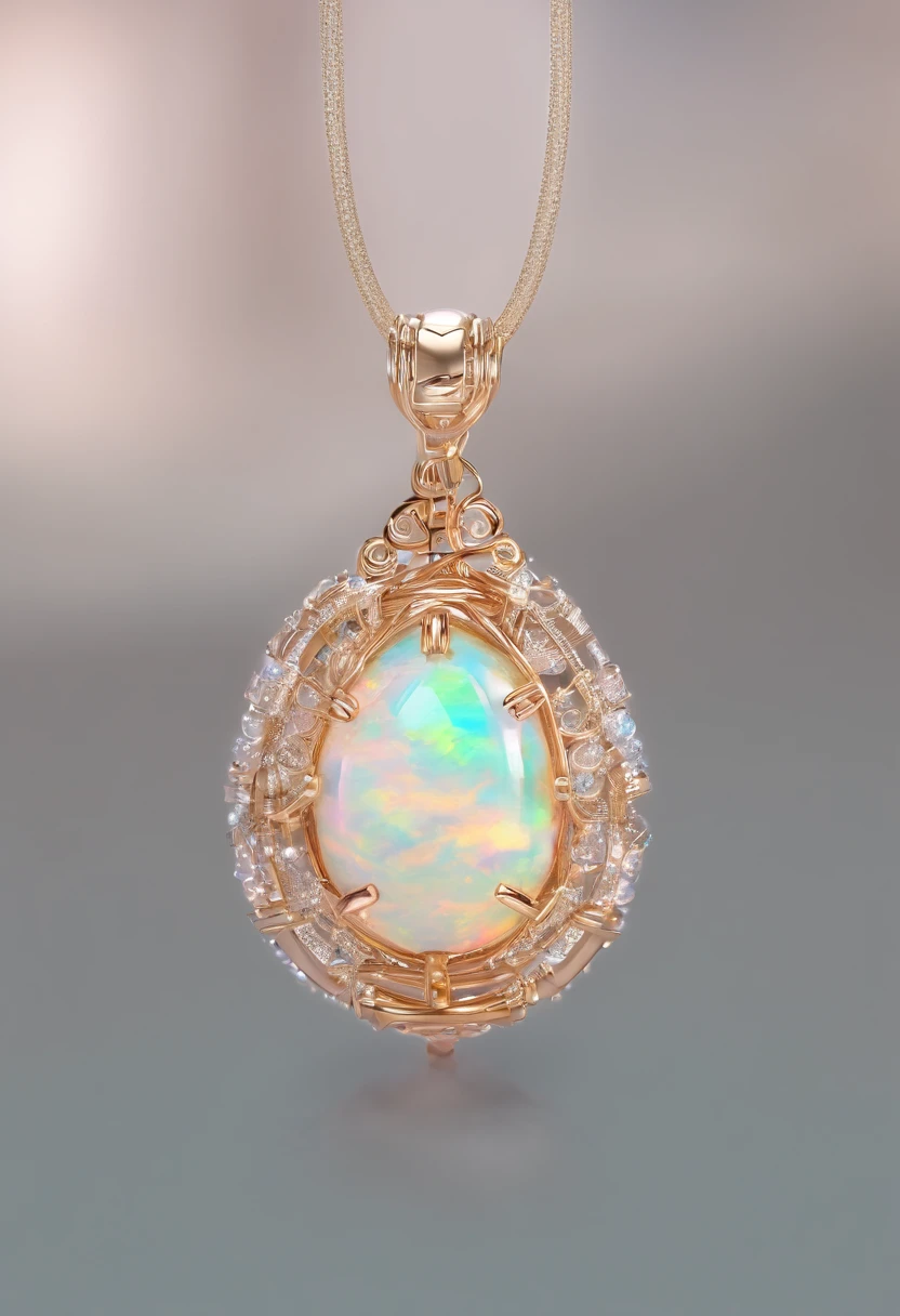 Unique wire-wrapped opal pendant，The color is white and elegant，The glaze is clear and clean，Firm and greasy white，The color is warm and moist as jade，Natural texture effect that creates ice cracks，White isolation leather rope, Award-winning studio photography, Professional color grading, Soft shadows, no contrast, clean sharp focus, focus stacking, Digital photography, 8K，