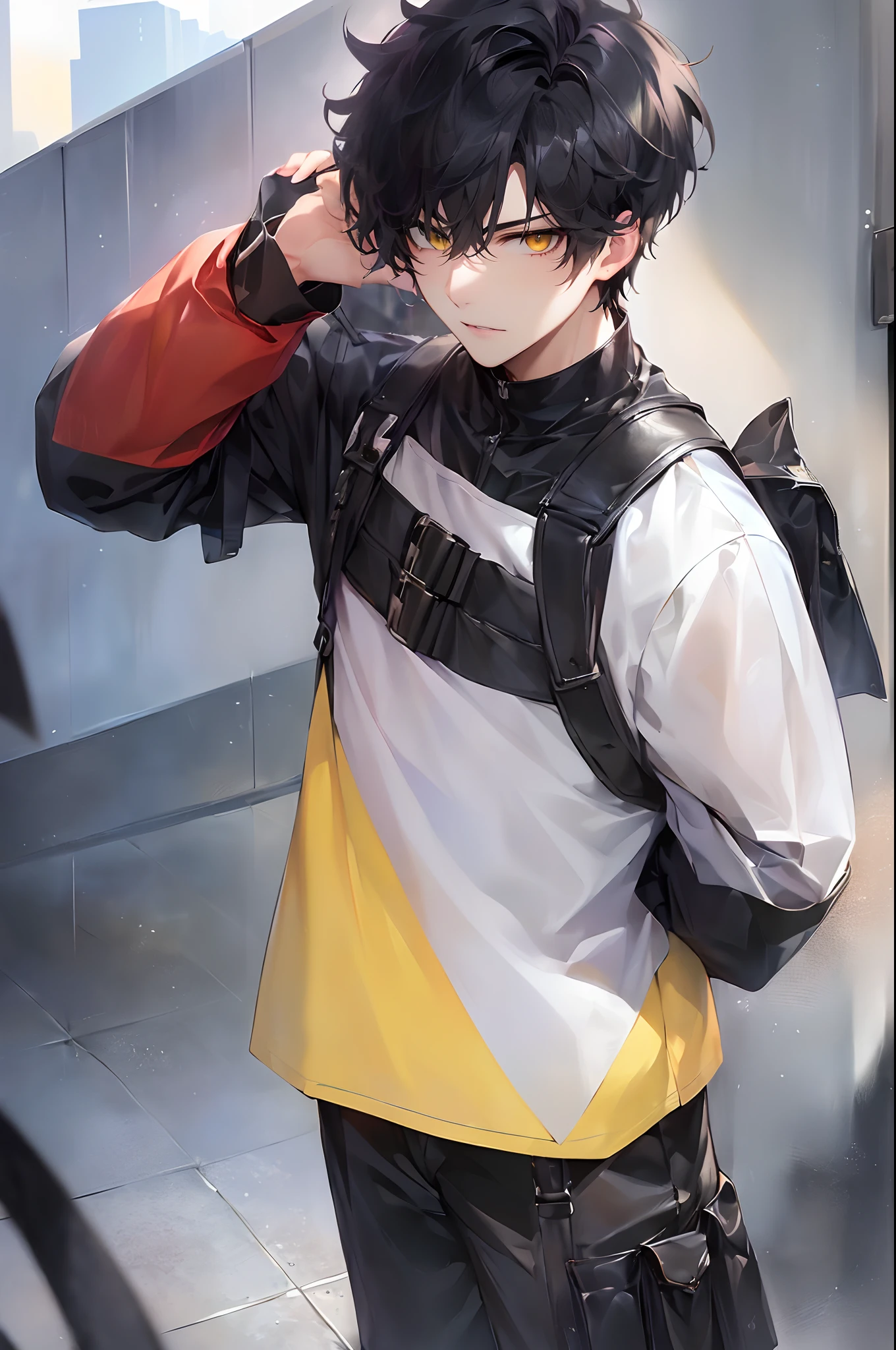 (4K works))、masterpiece、(top-quality)、In front of the wall、Korean Male、Adult male、((Adult 26 years old))、((Face similar to Hyun Jin))、Cool Men、tall、((Glaring expression))、((Strong eyes))、((Black high school boy style))、((Wear a black mask))、((smaller face))、Slim body、((How to stand selling fights))、((Cheeky way of standing))、((hooligan))、((Black short-haired))、((Yellow eyes))、((shot from front))、((Looking down on the viewer))、((rearing))、Head Scratching Pose、((Shot alone))、((Solo Photography))、Everyday Photography