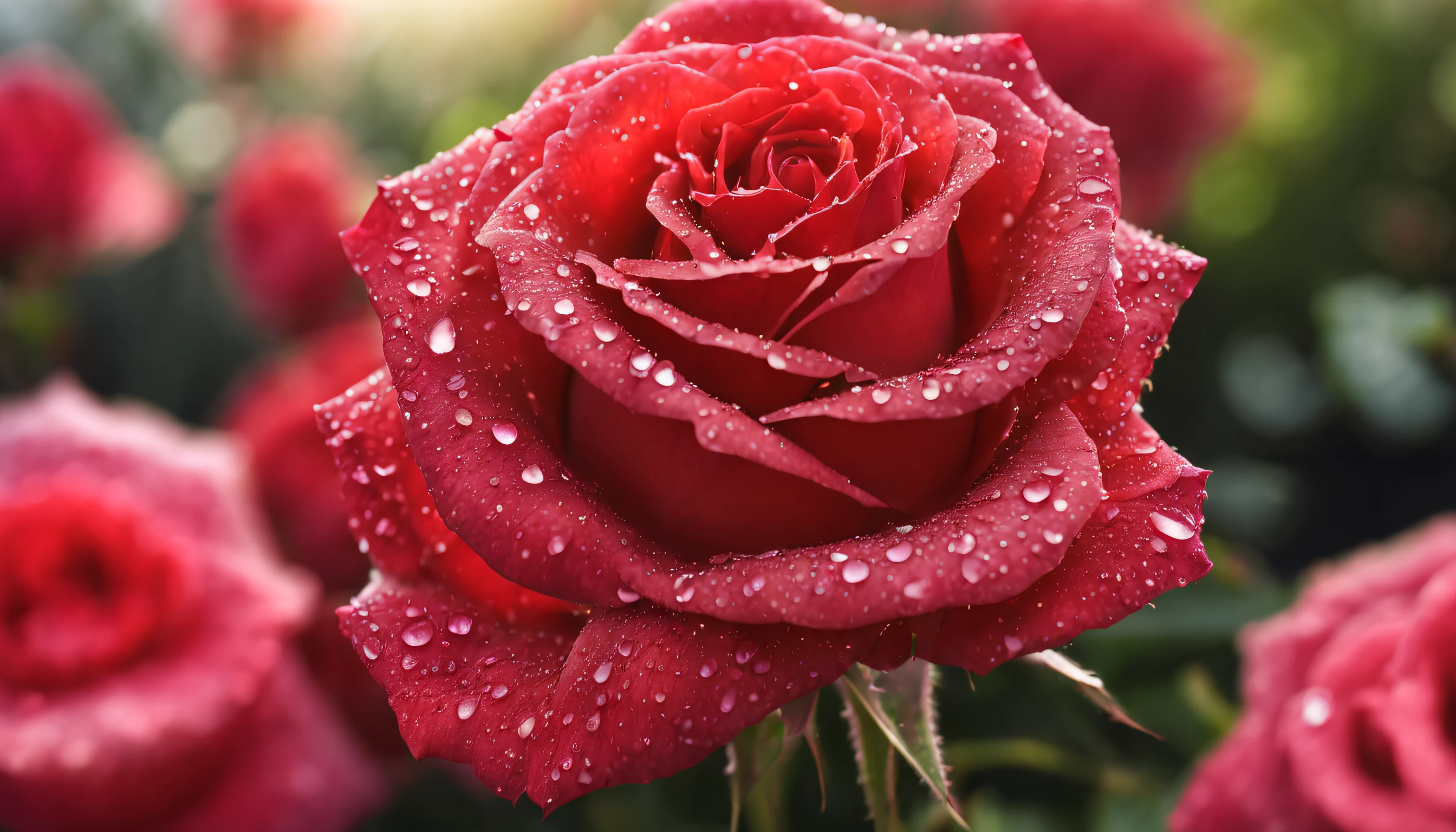 Many red color rose flowers in the garden and sunlight with bokeh, dew drops on flower petals (masterpiece, ultra quality, high resolution, 8k, intricate: 1.2), (masterpiece), (best quality:1)