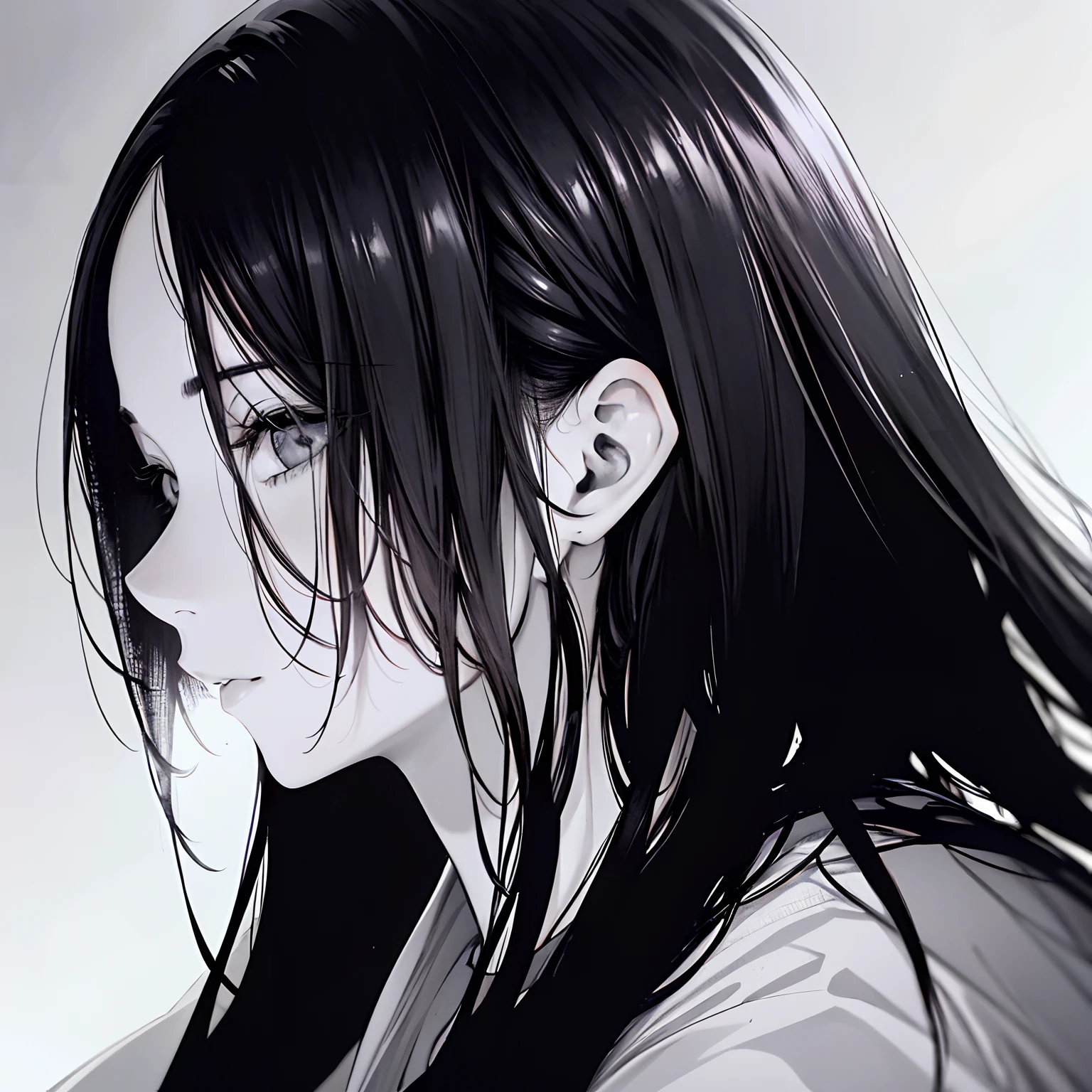 manga, uma garota, Cabelos pretos, cabelo longo, preto e branco,  e, apenas rosto, rosto perfil, rosto de lado, de lado, manga, a girl, black hair, long hair, black and white, and, face only, profile face, side face, sideways