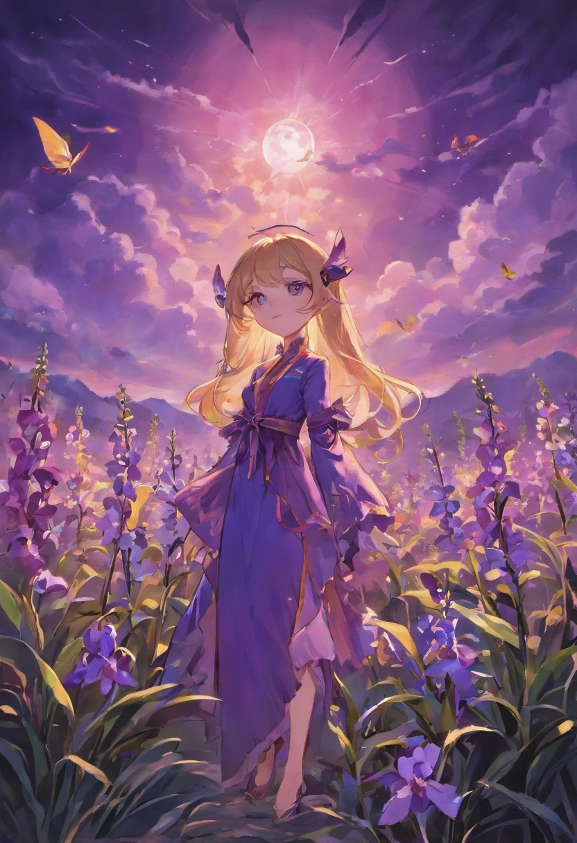 Bat orchids blooming in moonlight in a dark purple field