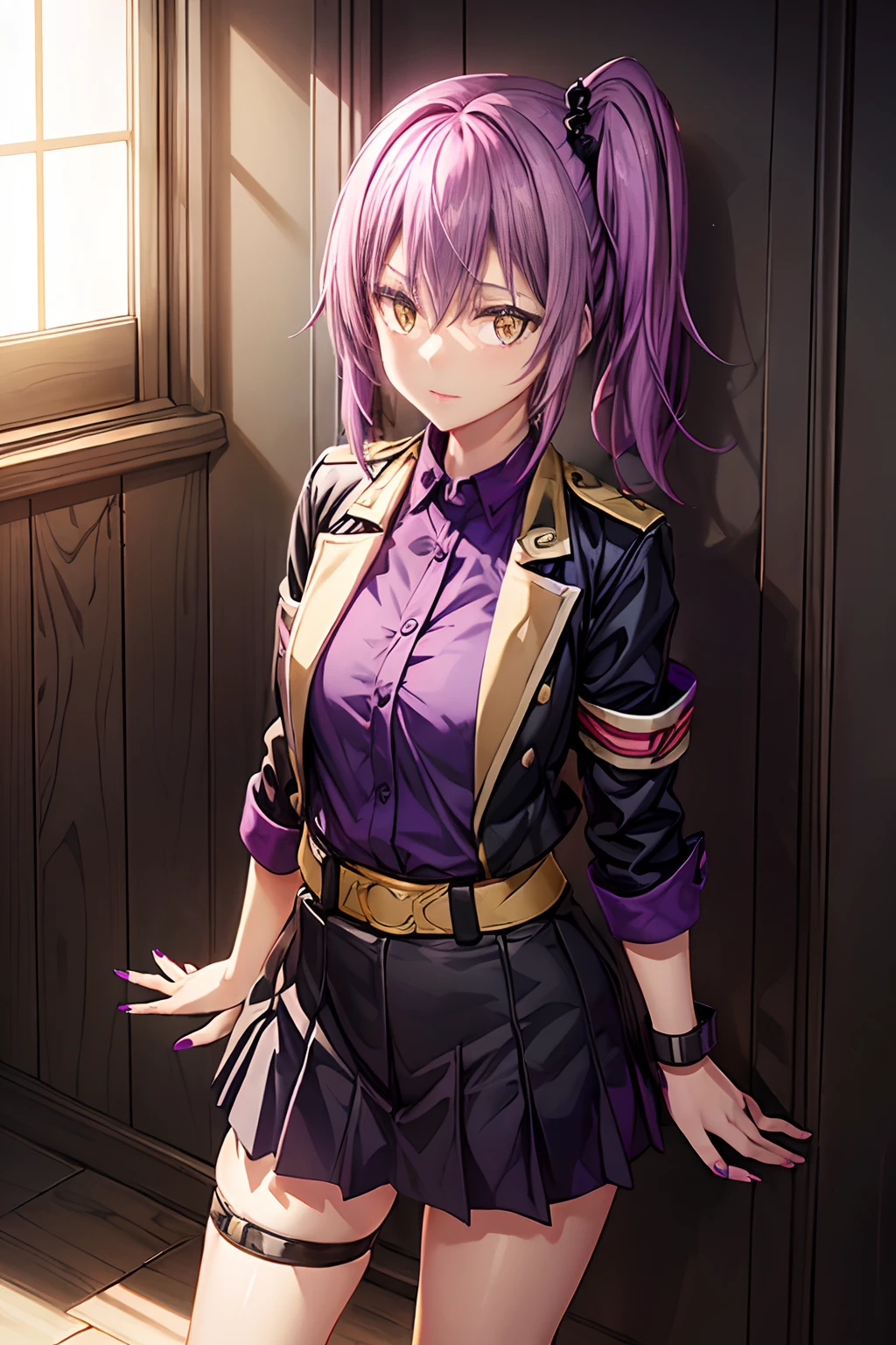 ((Work of art)))
a beautiful and cute girl, medium length purple hair tied in a side ponytail, (((bright golden eyes))),((purple nails))), she wears a military uniform with a black skirt and an armband on her left arm , in the burning hell, standing, barefoot,