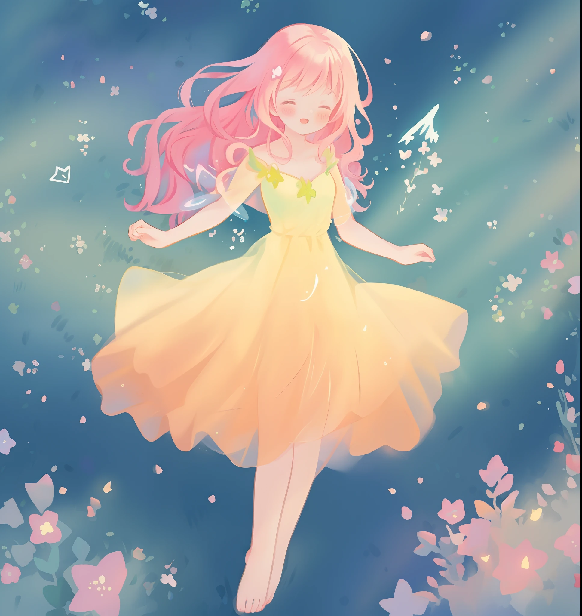 beautiful girl in flowing tiered layered ballgown dress, fairy dress, fairy queen, magical forest background, (glowing fairy wings), glowing flowing ballgown, long wavy hair, sparkling fairy wings, watercolor illustration, flowers and colorful plants, inspired by Glen Keane, inspired by Lois van Baarle, disney art style, by Lois van Baarle, glowing aura around her, by Glen Keane, jen bartel, glowing lights! digital painting, flowing glowing hair, glowing flowing hair, beautiful digital illustration, fantasia otherworldly landscape plants flowers, beautiful, masterpiece, best quality, anime disney style