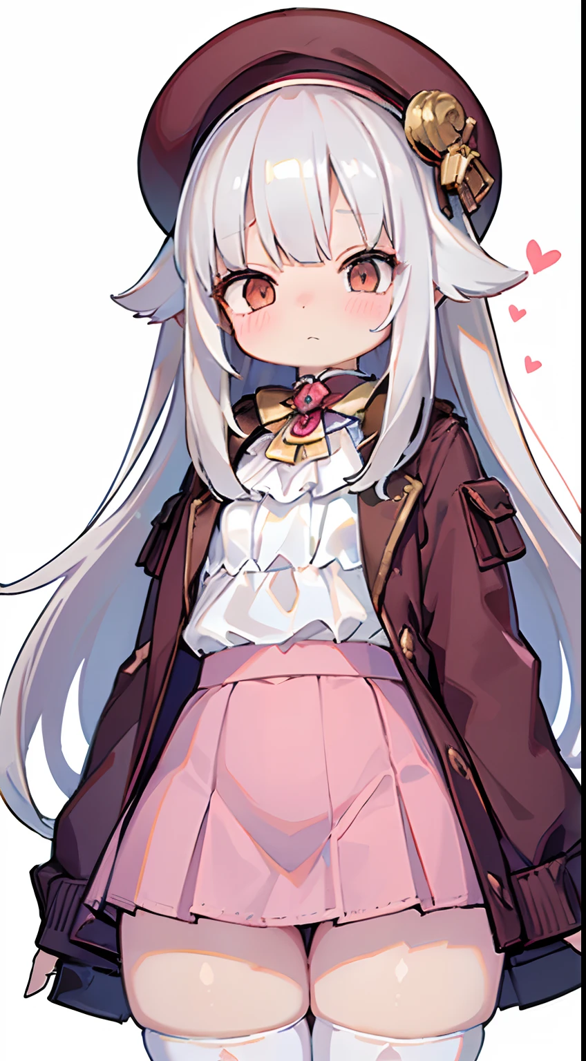 masterpiece, best quality, 1girl, adult body, white hair, brown eyes, long hair, (old outfit), (80s), pink short skirt, front view, standing, lighting, (white background), effect heart, shy, headwear, hands behind the back, medium chest, thick legs, thick thighs