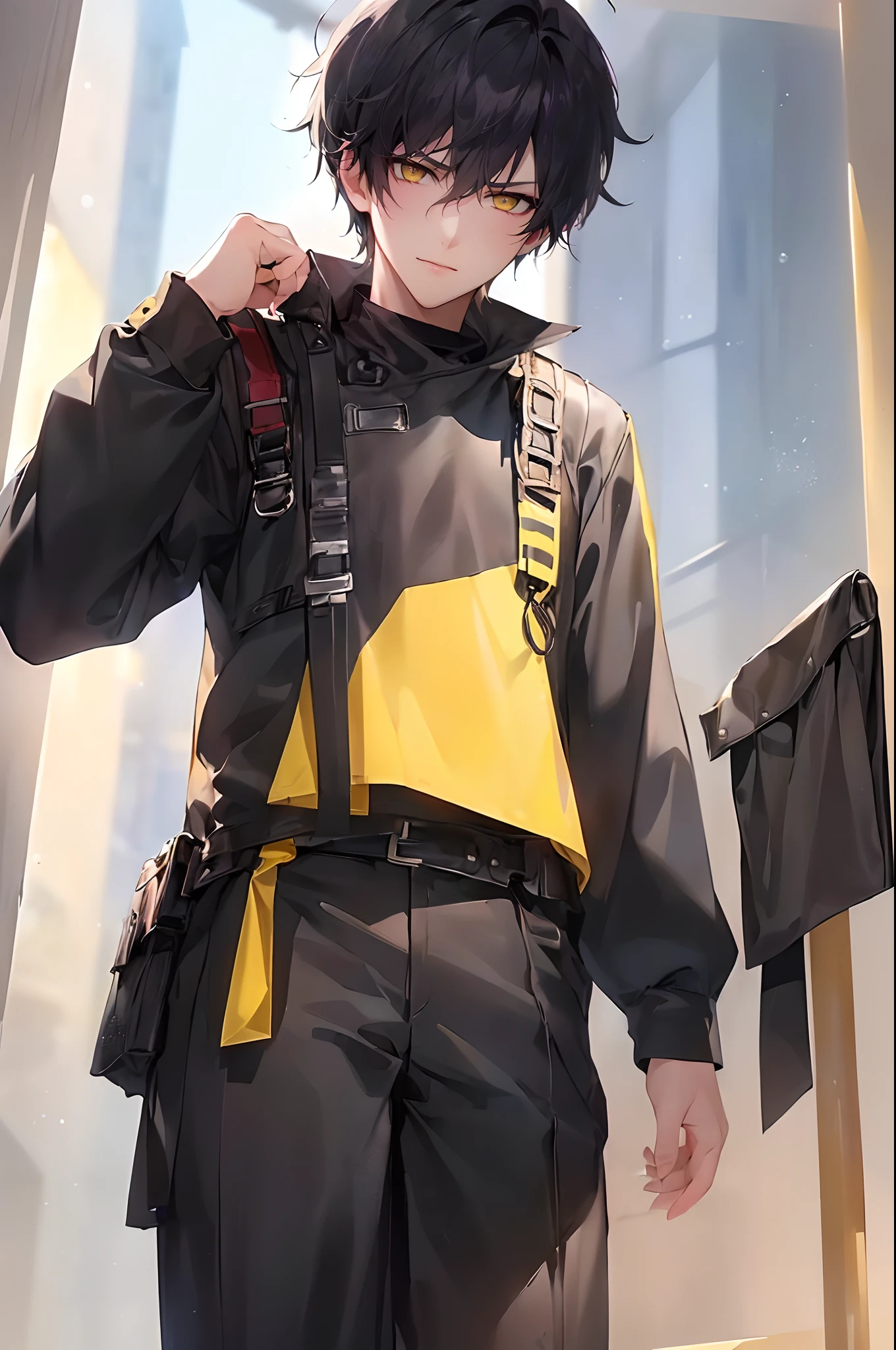 (4K works))、masterpiece、(top-quality)、In front of the wall、Korean Male、Adult male、((Adult 26 years old))、((Face similar to Hyun Jin))、Cool Men、tall、((Glaring expression))、((Strong eyes))、((Black high school boy style))、((Wear a black mask))、((smaller face))、Slim body、((How to stand selling fights))、((Cheeky way of standing))、((hooligan))、((Black short-haired))、((Yellow eyes))、((shot from front))、((Looking down on the viewer))、((rearing))、Head Scratching Pose、((Shot alone))、((Solo Photography))、Everyday Photography