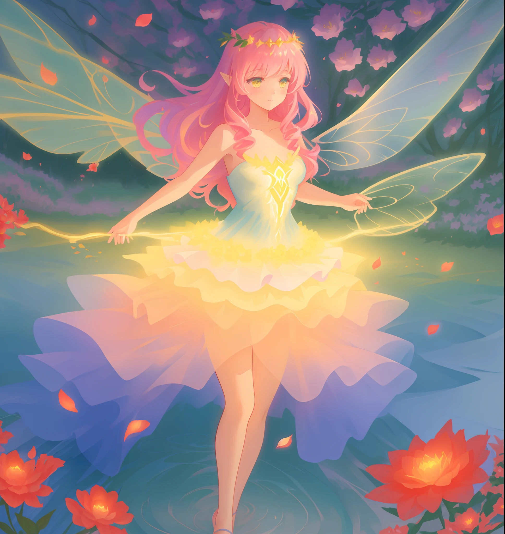 beautiful fairy girl in tiered layered dress, fairy dress made of flower petals, gradient layered tutu skirt, magical flowers, fairy queen, magical forest background, (glowing fairy wings), long wavy hair, sparkling fairy wings, watercolor illustration, flowers and colorful plants, inspired by Glen Keane, inspired by Lois van Baarle, disney art style, by Lois van Baarle, glowing aura around her, by Glen Keane, jen bartel, glowing lights! digital painting, flowing glowing hair, glowing flowing hair, beautiful digital illustration, fantasia otherworldly landscape plants flowers, beautiful, masterpiece, best quality, anime disney style