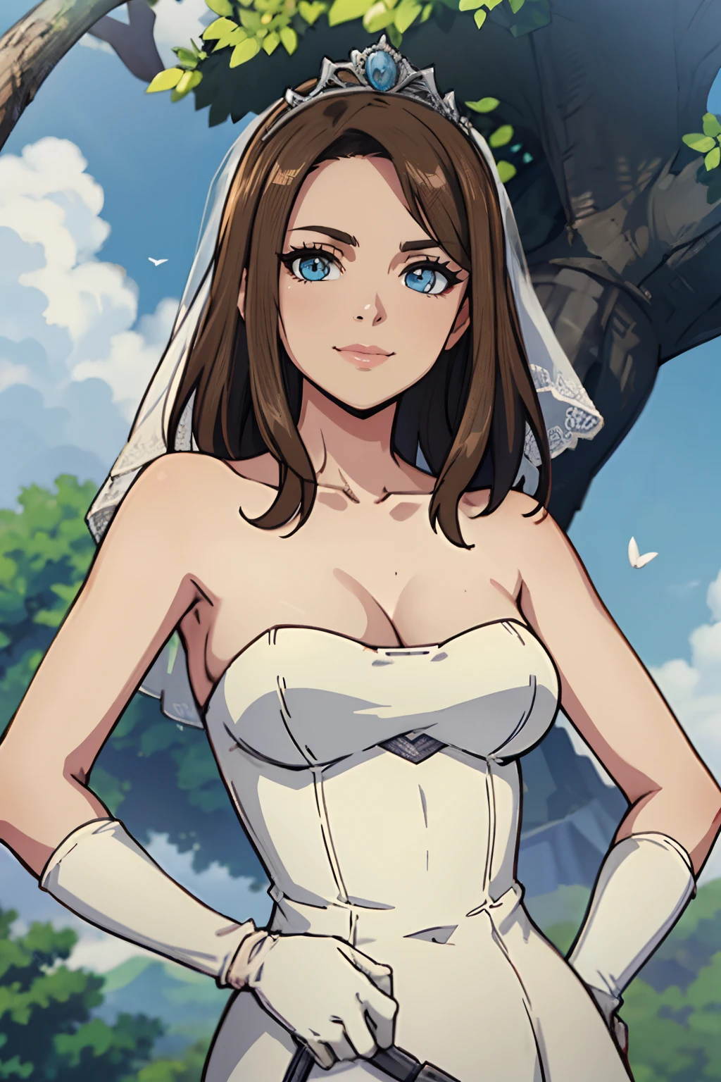 eunie, head wings, hair ornament, gloves, dress, cleavage, bare shoulders, collarbone, long white gloves, white gloves, white dress, strapless, tiara, veil, strapless dress, wedding dress, bridal veil, beautiful woman, perfect body, perfect breasts, wearing a wedding dress, ball gown, in the park trees, wedding decorations, looking at the viewer, a slight smile, realism, masterpiece, textured skin, super detail, high detail, high quality, best quality, 1080p, 16k