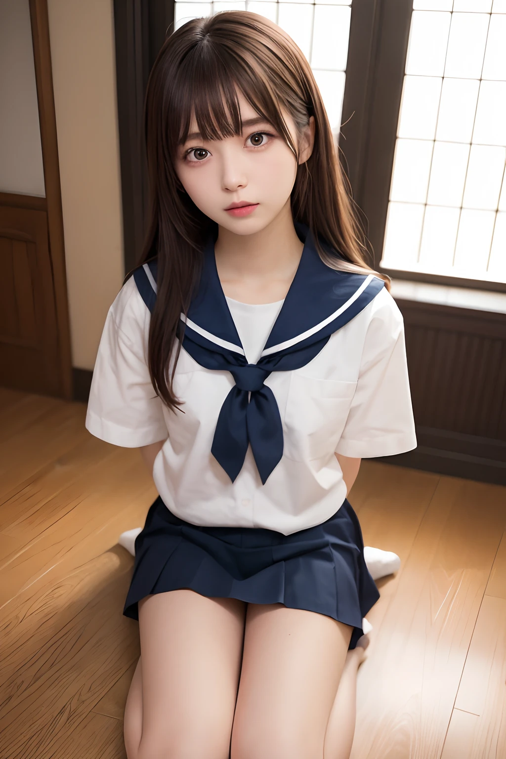 Japanese student uniform、a sailor suit、a 、((White panties are visible))、Open your legs、((Lying on your back on the bed))、Fallen、room at night、Perplexed、Troubled face、Open your legs to expose your crotch.......、Please lift up your skirt..、