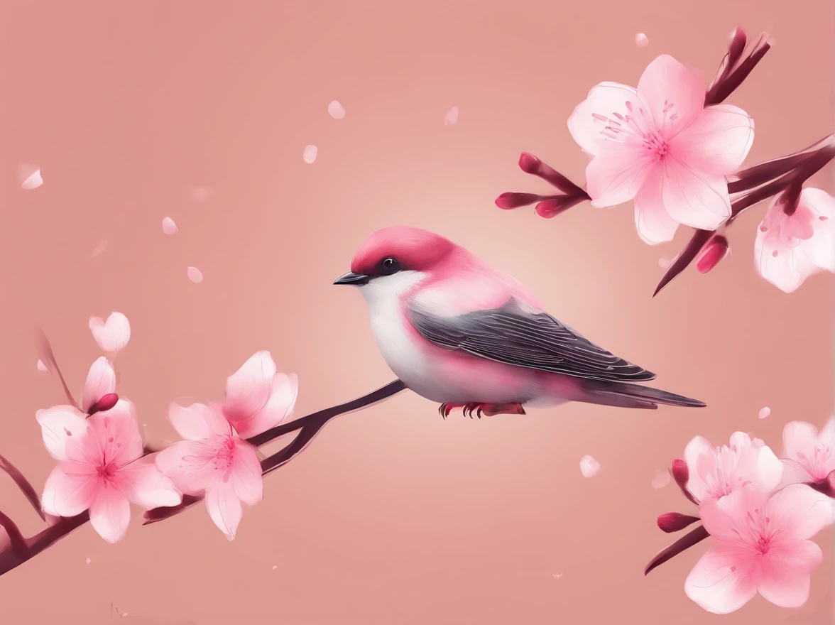Flying cherry blossoms ,（ glute, illustration，Ancient beauty，Beautiful posture，Photograph the body sideways with the camera，Curvy body）（The characters are located below the picture）（（（Hand drawn illustrations））），（A few small swallows），（（pink gradient background）），illustration，poster for，，abstract paintings，Disney  style，Clear contour illumination，rim-light，fanciful，A small amount of cherry blossoms，（（（Chinese landscape painting style，Product posters））），Vector graphics，Ancient costume beauty