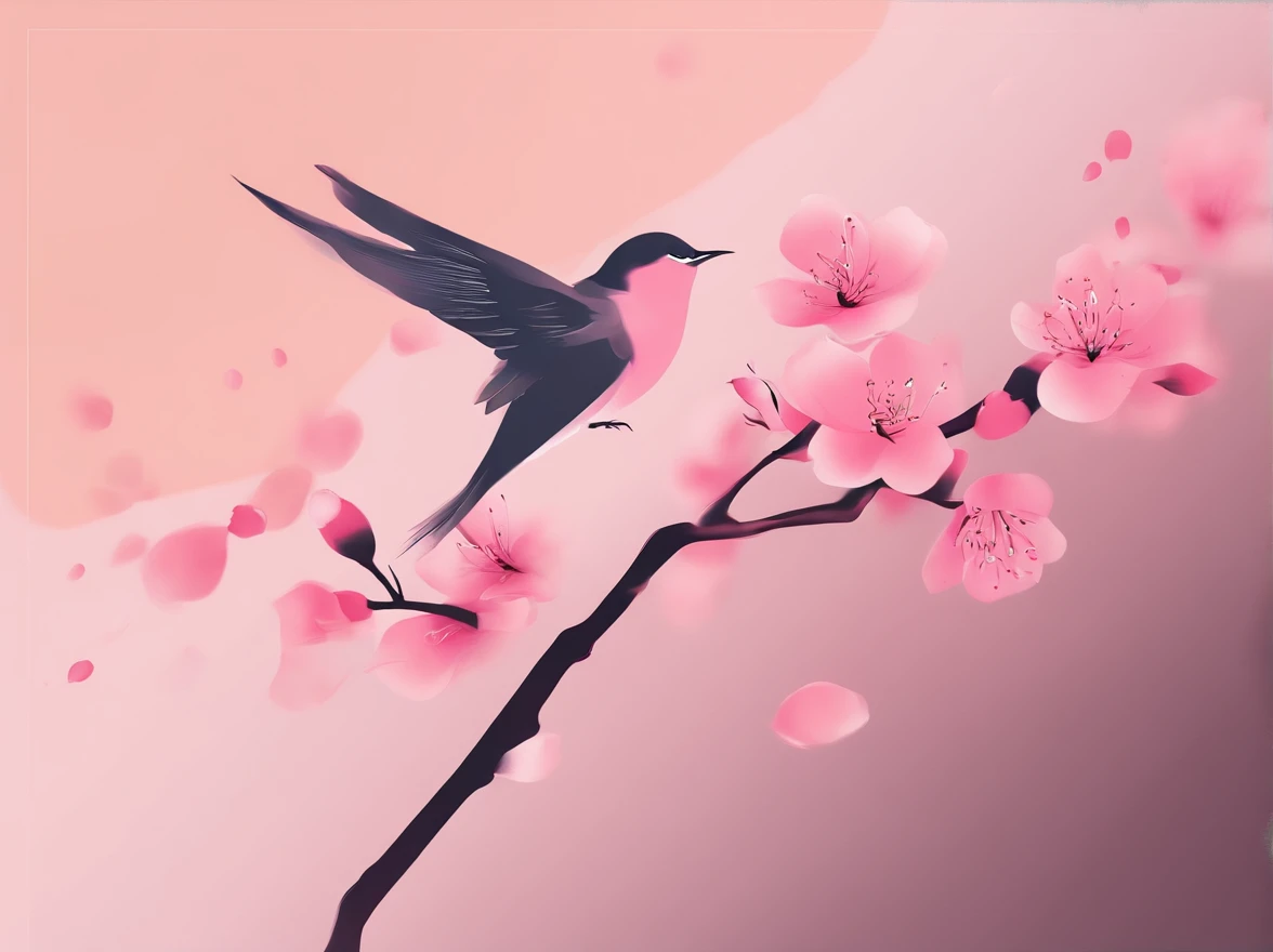 Flying cherry blossoms ,( glute, illustration,Ancient beauty,Beautiful posture,Photograph the body sideways with the camera,Curvy body)(The characters are located below the picture)(((Hand drawn illustrations))),(A few small swallows),((pink gradient background)),illustration,poster for,,abstract paintings,Disney style,Clear contour illumination,rim-light,fanciful,A small amount of cherry blossoms,(((Chinese landscape painting style,Product posters))),Vector graphics,Ancient costume beauty