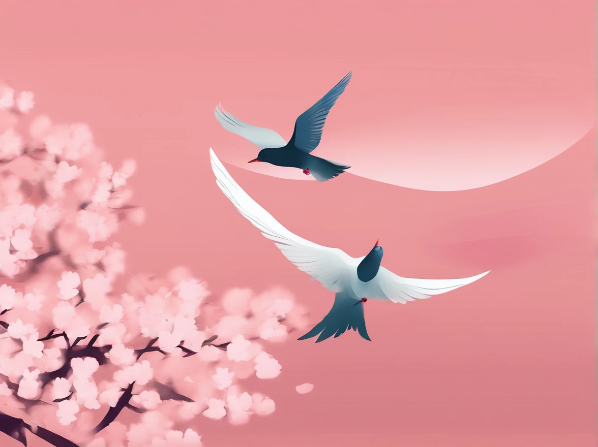 Flying cherry blossoms ,( glute, illustration,Ancient beauty,Beautiful posture,Photograph the body sideways with the camera,Curvy body)(The characters are located below the picture)(((Hand drawn illustrations))),(A few small swallows),((pink gradient background)),illustration,poster for,,abstract paintings,Disney style,Clear contour illumination,rim-light,fanciful,A small amount of cherry blossoms,(((Chinese landscape painting style,Product posters))),Vector graphics,Ancient costume beauty