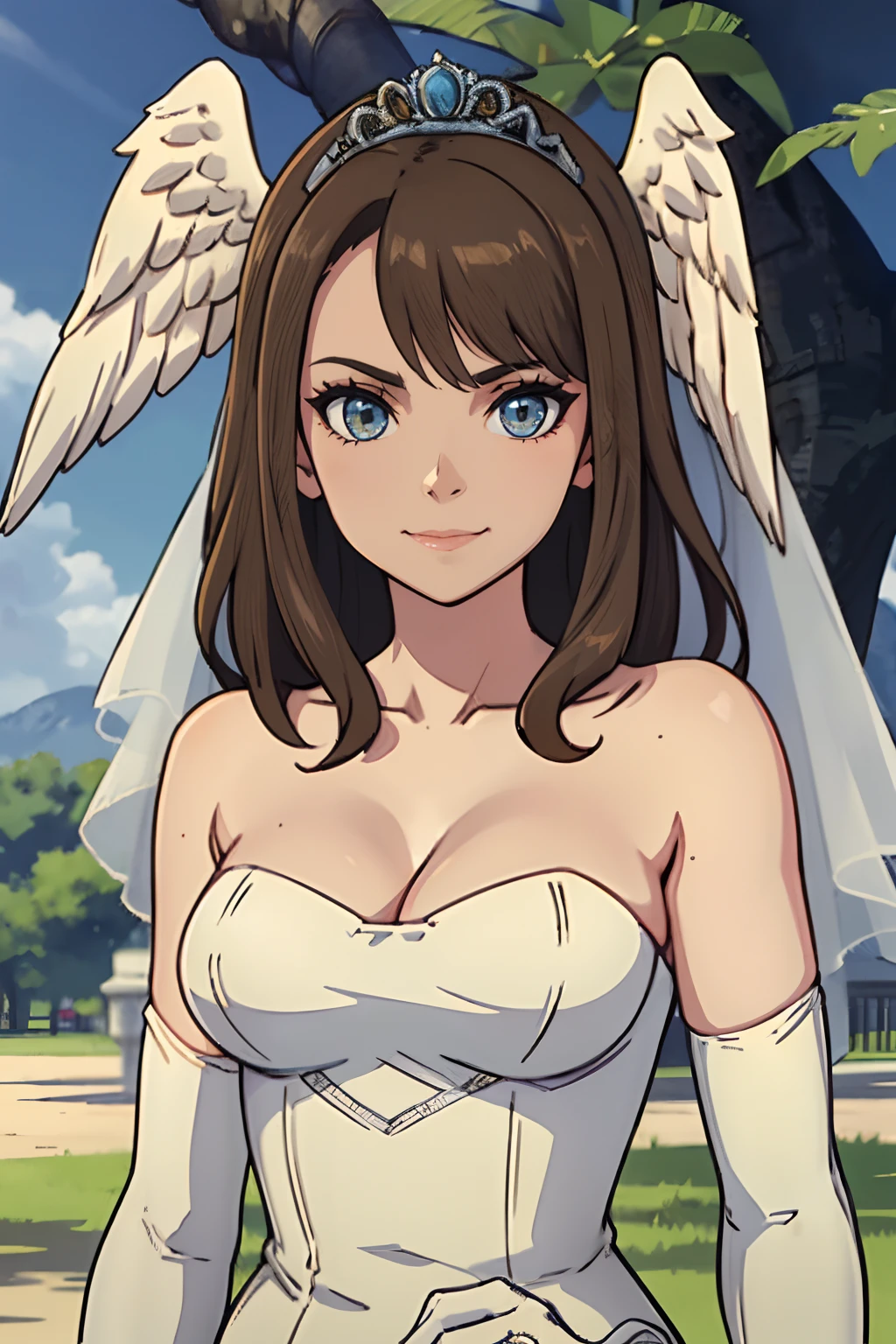 eunie, head wings, hair ornament, gloves, dress, cleavage, bare shoulders, collarbone, long white gloves, white gloves, white dress, strapless, tiara, veil, strapless dress, wedding dress, bridal veil, beautiful woman, perfect body, perfect breasts, wearing a wedding dress, ball gown, in the park trees, wedding decorations, looking at the viewer, a slight smile, realism, masterpiece, textured skin, super detail, high detail, high quality, best quality, 1080p, 16k