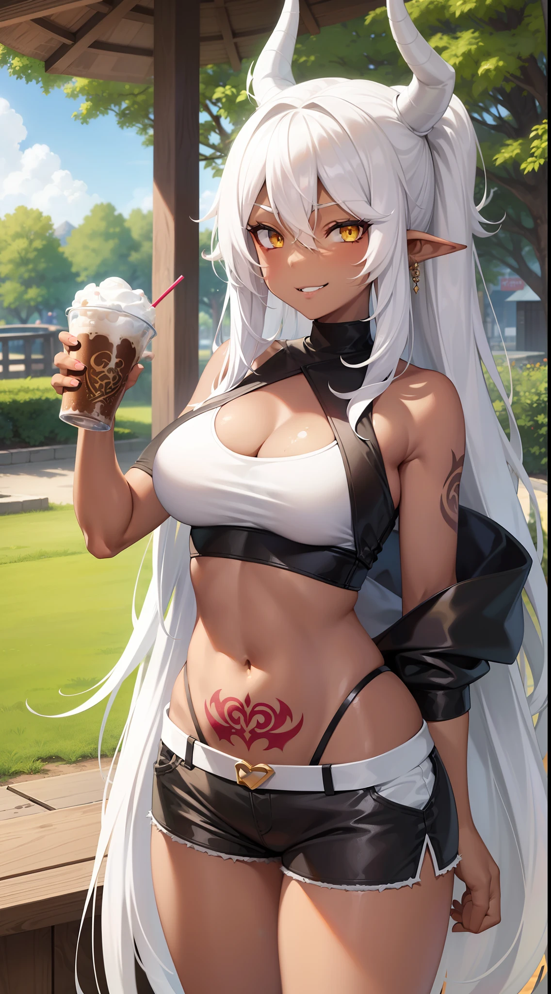 young girl, Long white hair, dragon horns, Yellow eyes, black skin, Ebony girl, white tanktop, open belly, Shorts, tattoo, smirk, milkshake, park background, Masterpiece, hiquality, 4k, HD, Good detail