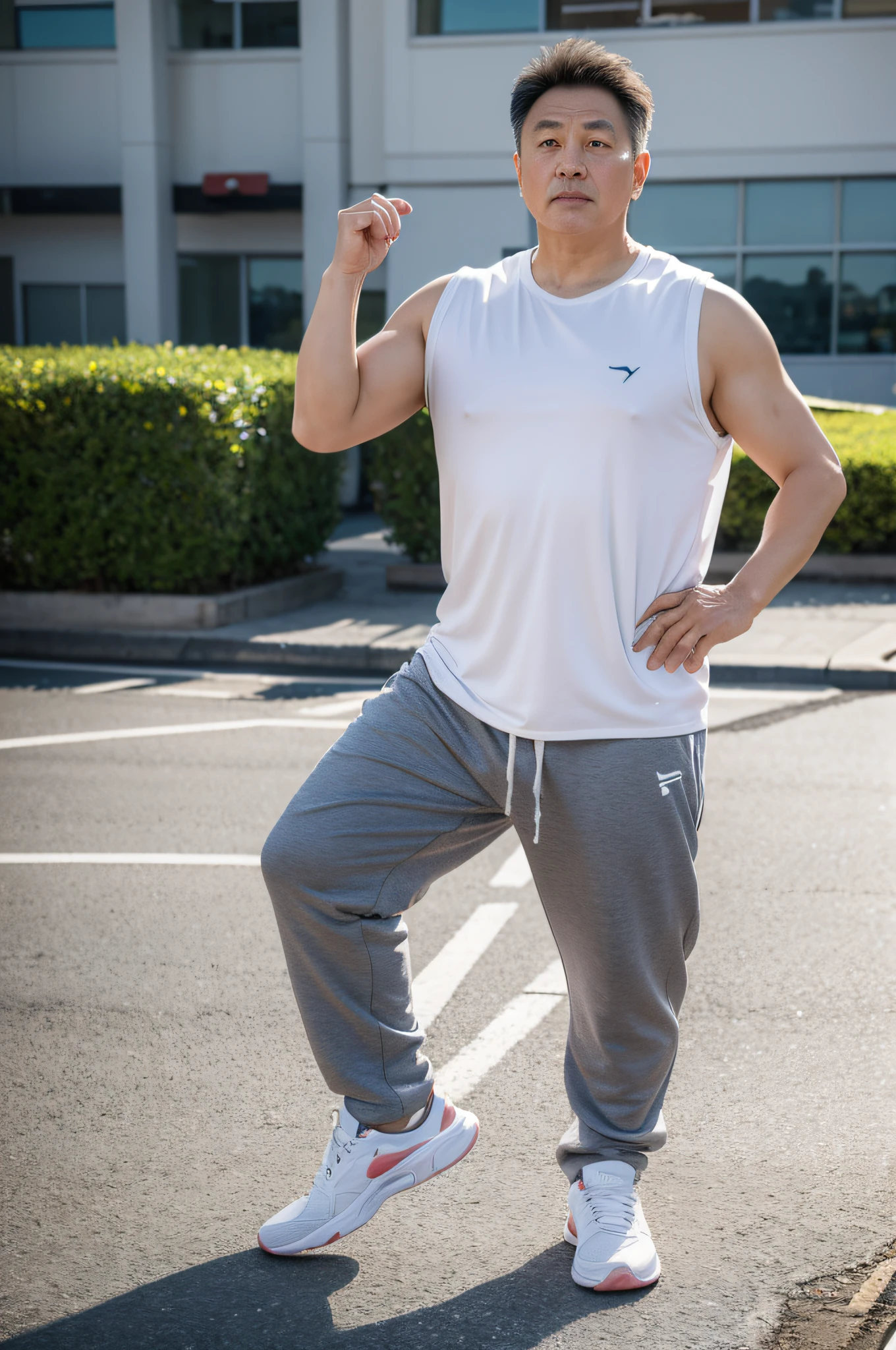 A middle-aged Asian man in gym clothes and sneakers standing in a blank background，Full body photo，Fit, middle-aged man，Stand up straight，Hyper-realistic style，style of photography，Natural light，Super meticulous