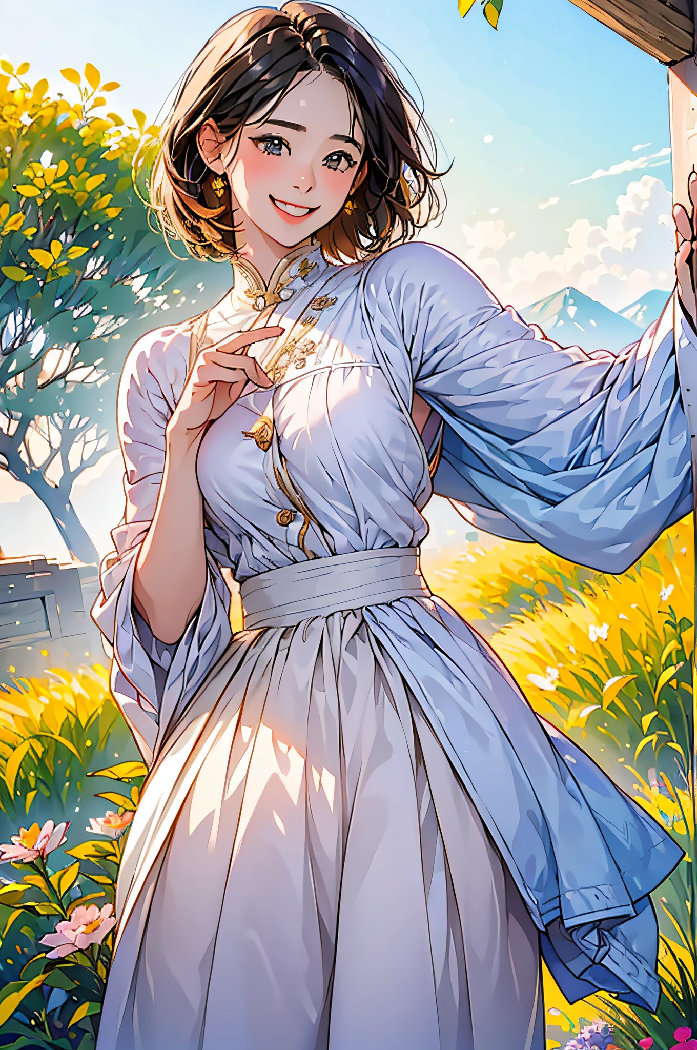 (in 8K、top-quality、masterpiece:1.2)、1人の女性、(Smiling smile:1.1)、beautidful eyes、Valley、The upper part of the body、shorth hair、Like a boy、Colossal tits、red view、