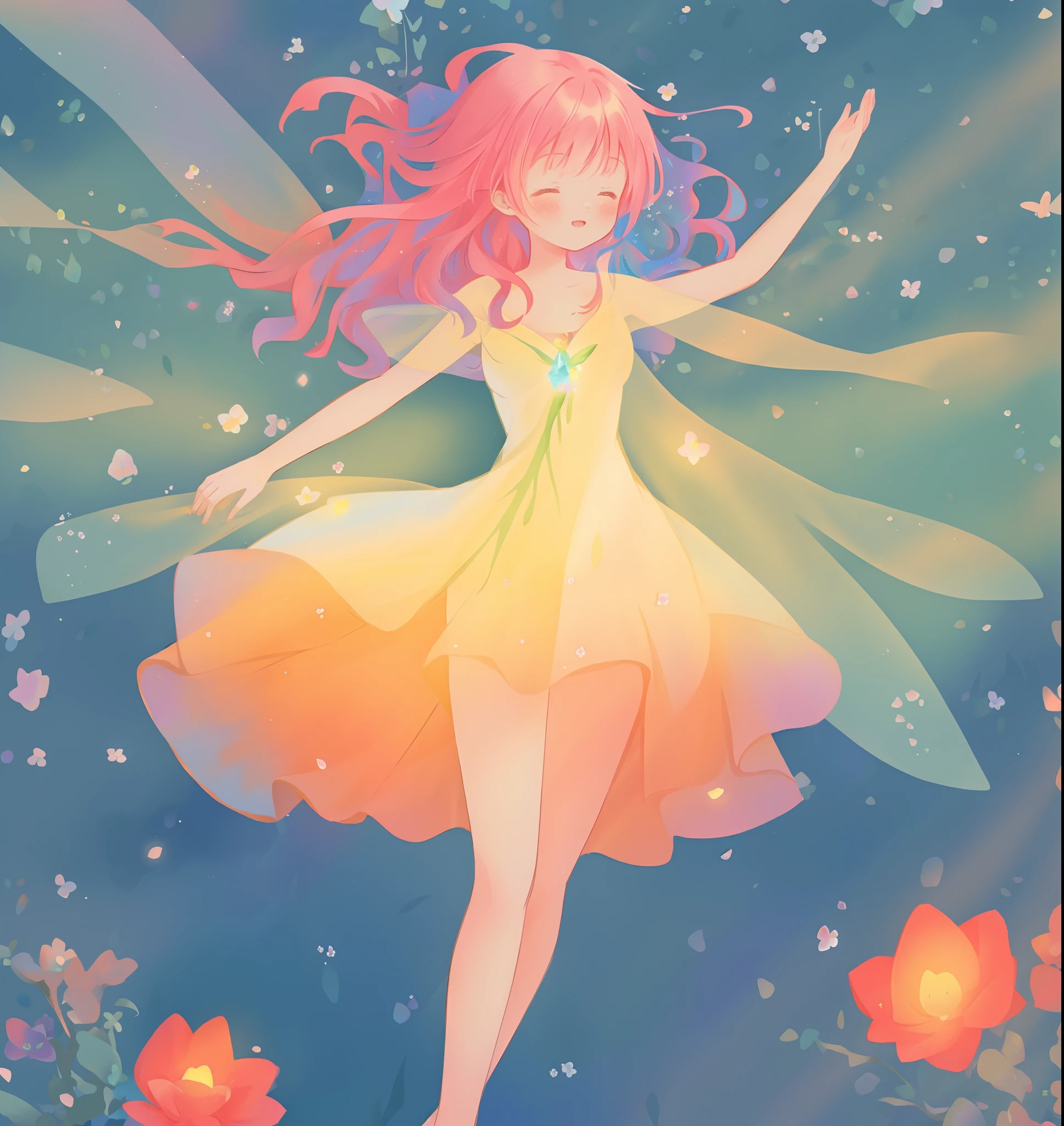 beautiful fairy girl in tiered layered dress, fairy dress made of flower petals, gradient layered tutu skirt, magical flowers, fairy queen, magical forest background, (glowing fairy wings), long wavy hair, sparkling fairy wings, watercolor illustration, flowers and colorful plants, inspired by Glen Keane, inspired by Lois van Baarle, disney art style, by Lois van Baarle, glowing aura around her, by Glen Keane, jen bartel, glowing lights! digital painting, flowing glowing hair, glowing flowing hair, beautiful digital illustration, fantasia otherworldly landscape plants flowers, beautiful, masterpiece, best quality, anime disney style