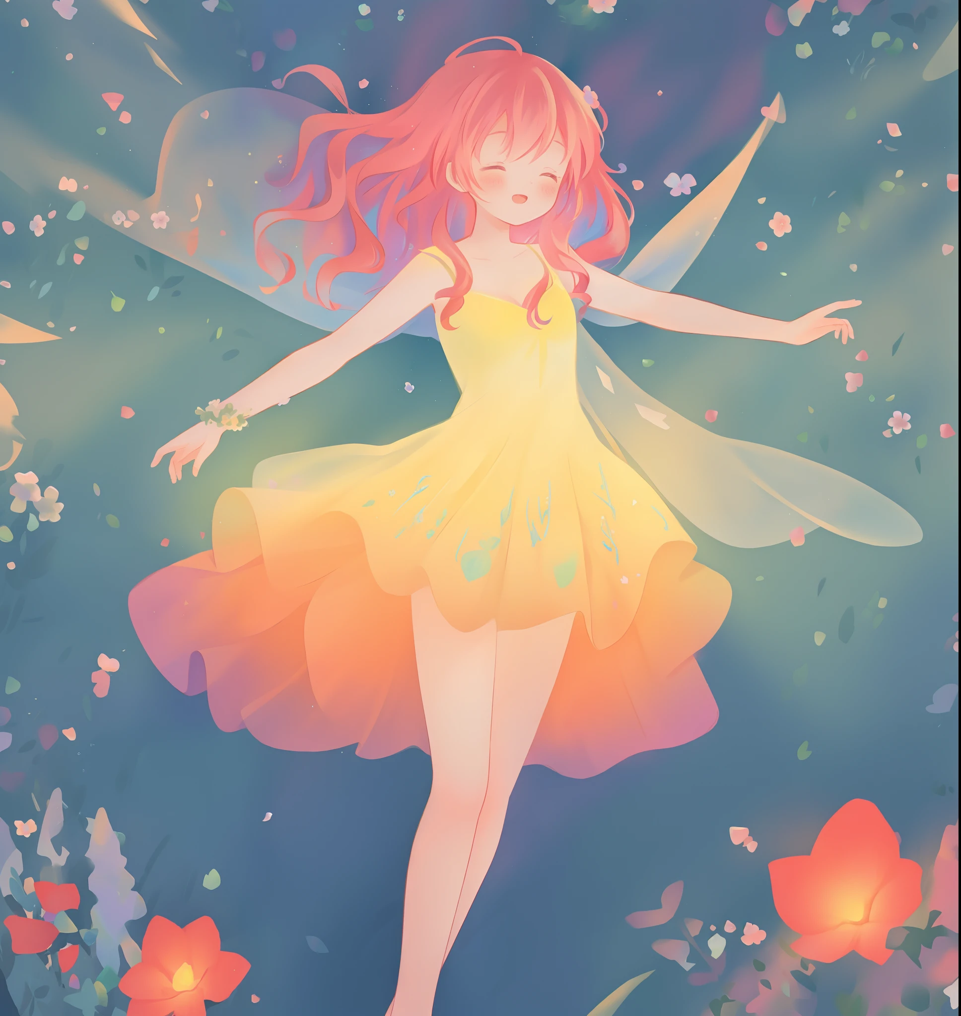 beautiful fairy girl in tiered layered dress, fairy dress made of flower petals, gradient layered tutu skirt, magical flowers, fairy queen, magical forest background, (glowing fairy wings), long wavy hair, sparkling fairy wings, watercolor illustration, flowers and colorful plants, inspired by Glen Keane, inspired by Lois van Baarle, disney art style, by Lois van Baarle, glowing aura around her, by Glen Keane, jen bartel, glowing lights! digital painting, flowing glowing hair, glowing flowing hair, beautiful digital illustration, fantasia otherworldly landscape plants flowers, beautiful, masterpiece, best quality, anime disney style