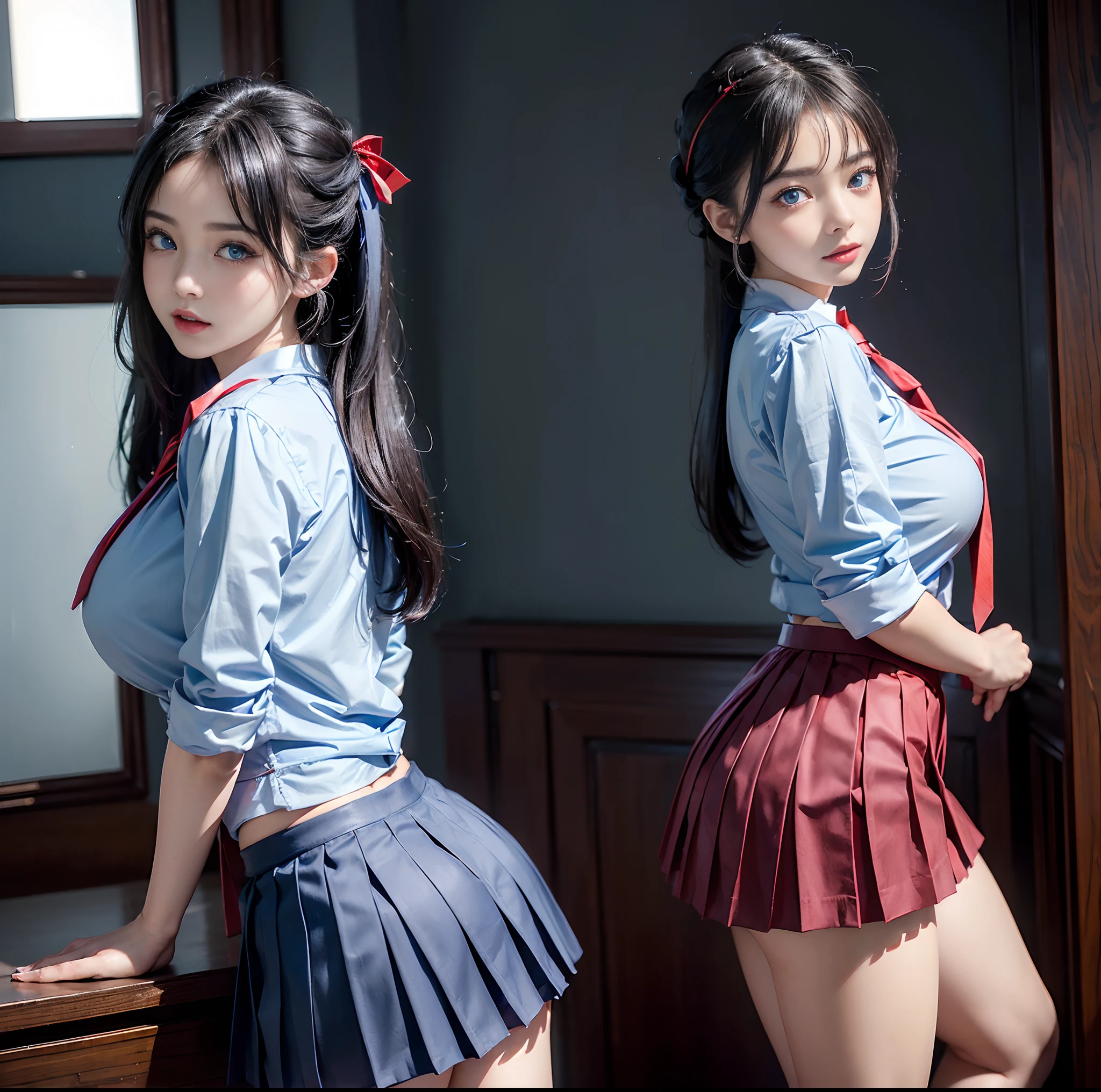 top-quality, masterpiece, (Professional lighting without shadows), A hyper-realistic, Bewitching, perfect anatomia, Two girls, (Proudly stand in front of the camera、Girl showing off ribbon tie, Another girl on the other side、Bend over and stick your butt out towards the camera), ( Huge breasts:1.2), Bright and even whitening skin without wrinkles and steps, (Bright beautiful blue eyes with long eyelashes and red tear bags reflected light:1.3)、 Braided half-up hair with bangs, (Although her outfit is a cramped schoolgirl uniform that fits the body,、She dresses up super mini pleated skirt length very short:1.3), (Proudly showing off a crimson ribbon tie from the front), (Another girl on the other side、To beautifully emphasize the proud ultra mini pleated skirt、Showing off a pose with the buttocks exposed from directly behind:1.2), (Beautiful face squinting in dazzling light), ssmile,