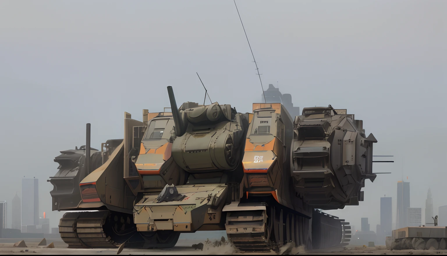 There is a large machine on the ground, insanely detailed octane render, military carrier rig, octane render sci - fi, massive tank, M 1 tank fury road, mech shaped like a manatee, greg rutkowski octane render,City high-rises，废墟