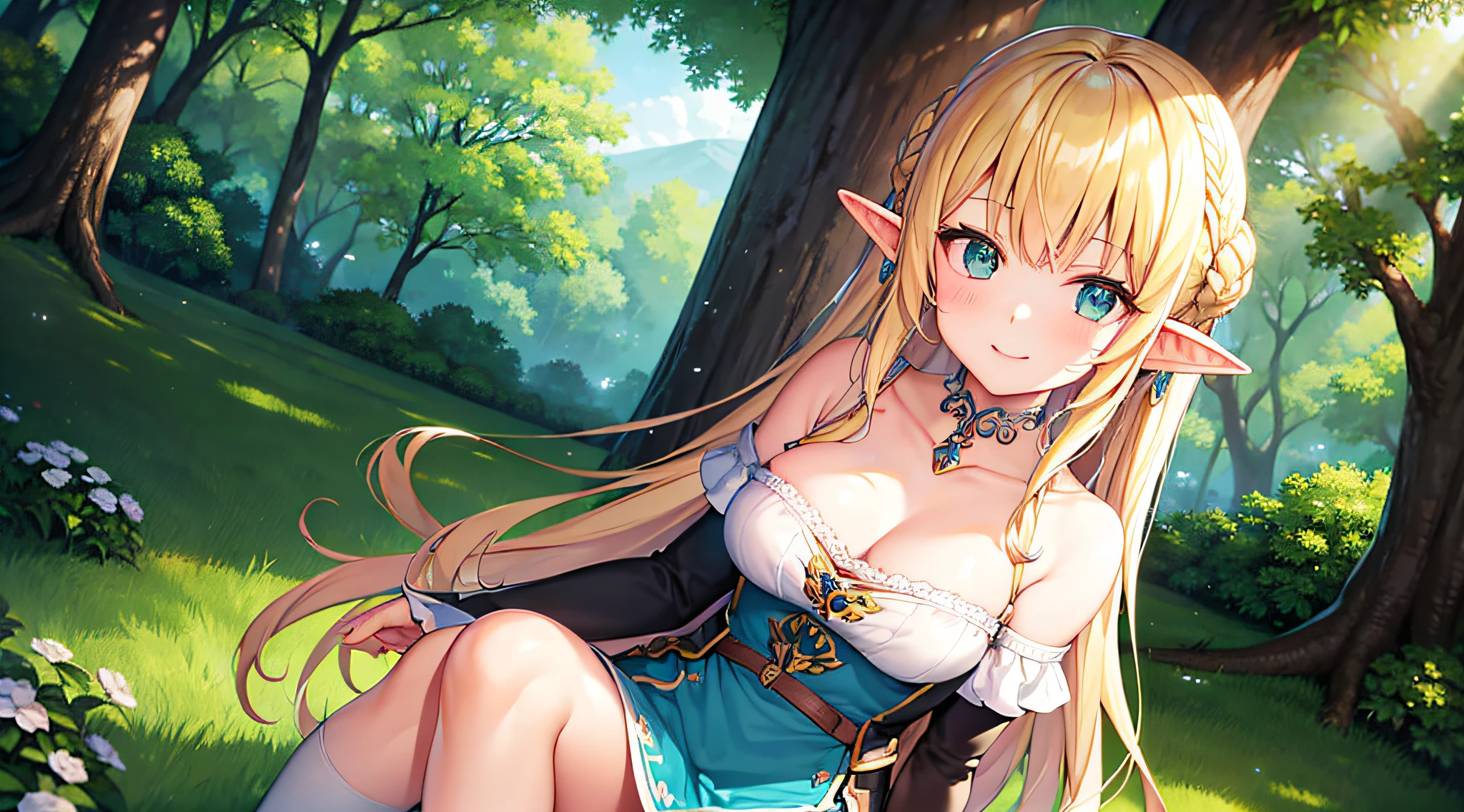 Meisterwerk, best quality, Illustration, bunt, Landschaft, Hirngespinst, Wald, 1girl, Girly, Gesichtsfokus, runny, nackte Schultern, collarbone, detailliertes goldenes langes Haar, green eyes, spitze Ohren, Holy Smile , Kranz, whitedress, Heiliges Licht, Wald, Sea of Trees, Blumen, auf dem Boden sitzen, Prinzessin Zelda, Blond, blaue Augen, Legende von Zelda, elf