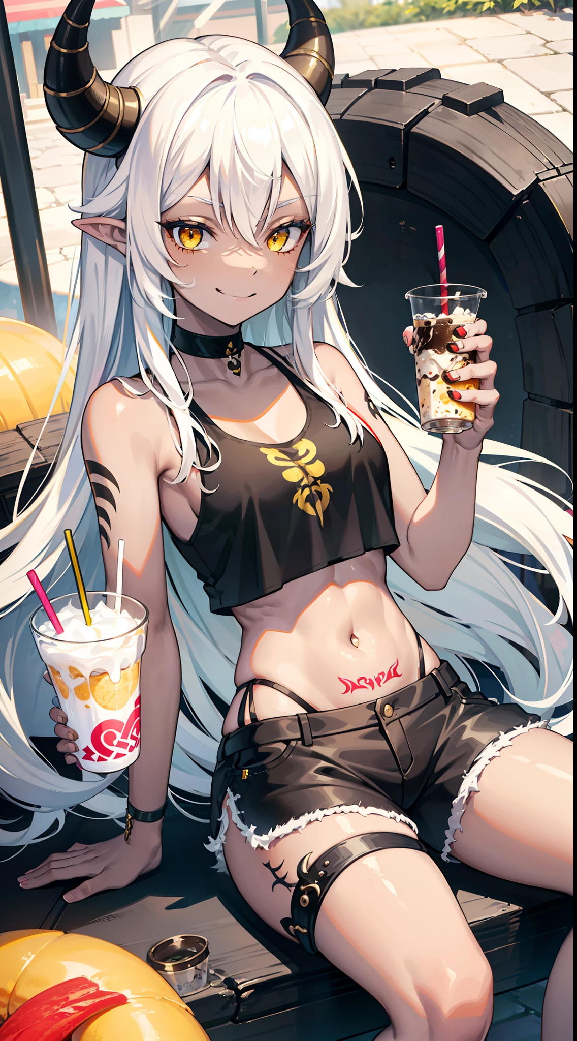 young girl, Long white hair, dragon horns, Yellow eyes, black skin, Ebony girl, white tanktop, open belly, Shorts, tattoo, smirk, milkshake, park background, Masterpiece, hiquality, 4k, HD, Good detail