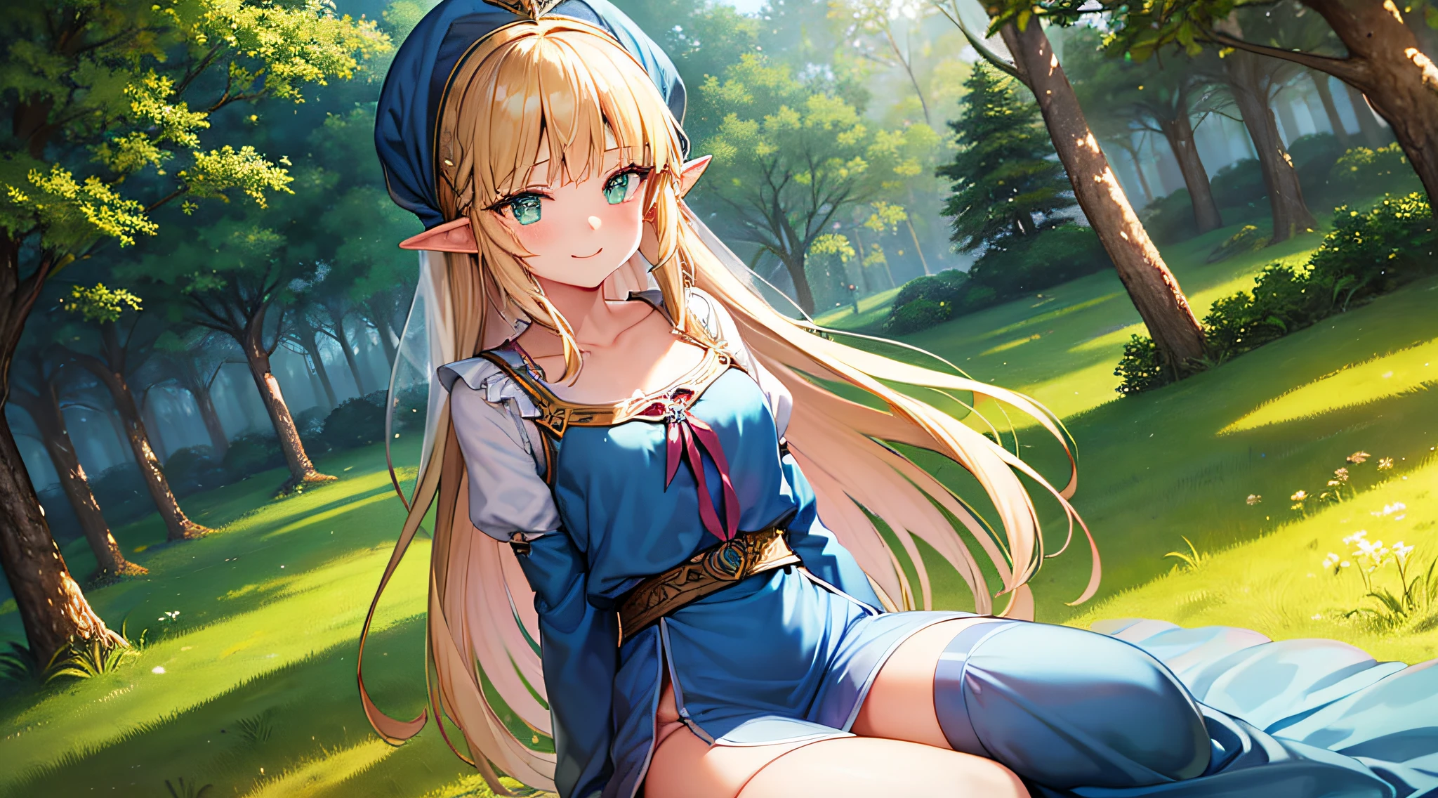 Meisterwerk, best quality, Illustration, bunt, Landschaft, Hirngespinst, Wald, 1girl, Girly, Gesichtsfokus, runny, nackte Schultern, collarbone, detailliertes goldenes langes Haar, green eyes, spitze Ohren, Holy Smile , Kranz, whitedress, Heiliges Licht, Wald, Sea of Trees, Blumen, auf dem Boden sitzen, Prinzessin Zelda, Blond, blaue Augen, Legende von Zelda, elf