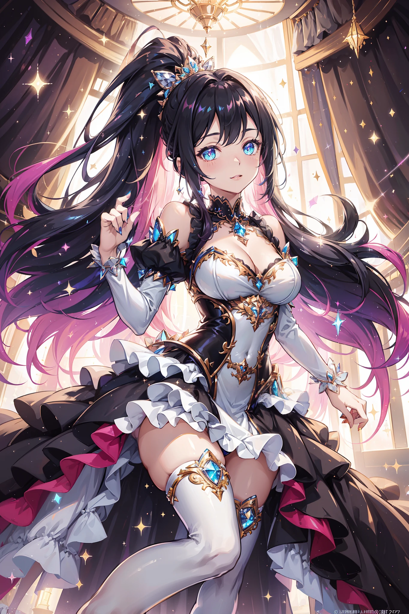 (glitters:1.2), (Sparkle:1.2), (Shine:1.2), (Best quality), (Masterpiece:1.2), (Anime style),Extremely colorful，Colorful，Beautiful and delicate face and hair，Complete body，Black and white double ponytail，Princess dress，Lace，folds，Ruffles， White stockings Long legs，Muffin shoes，Seductive pose，Luxurious bedroom，the night