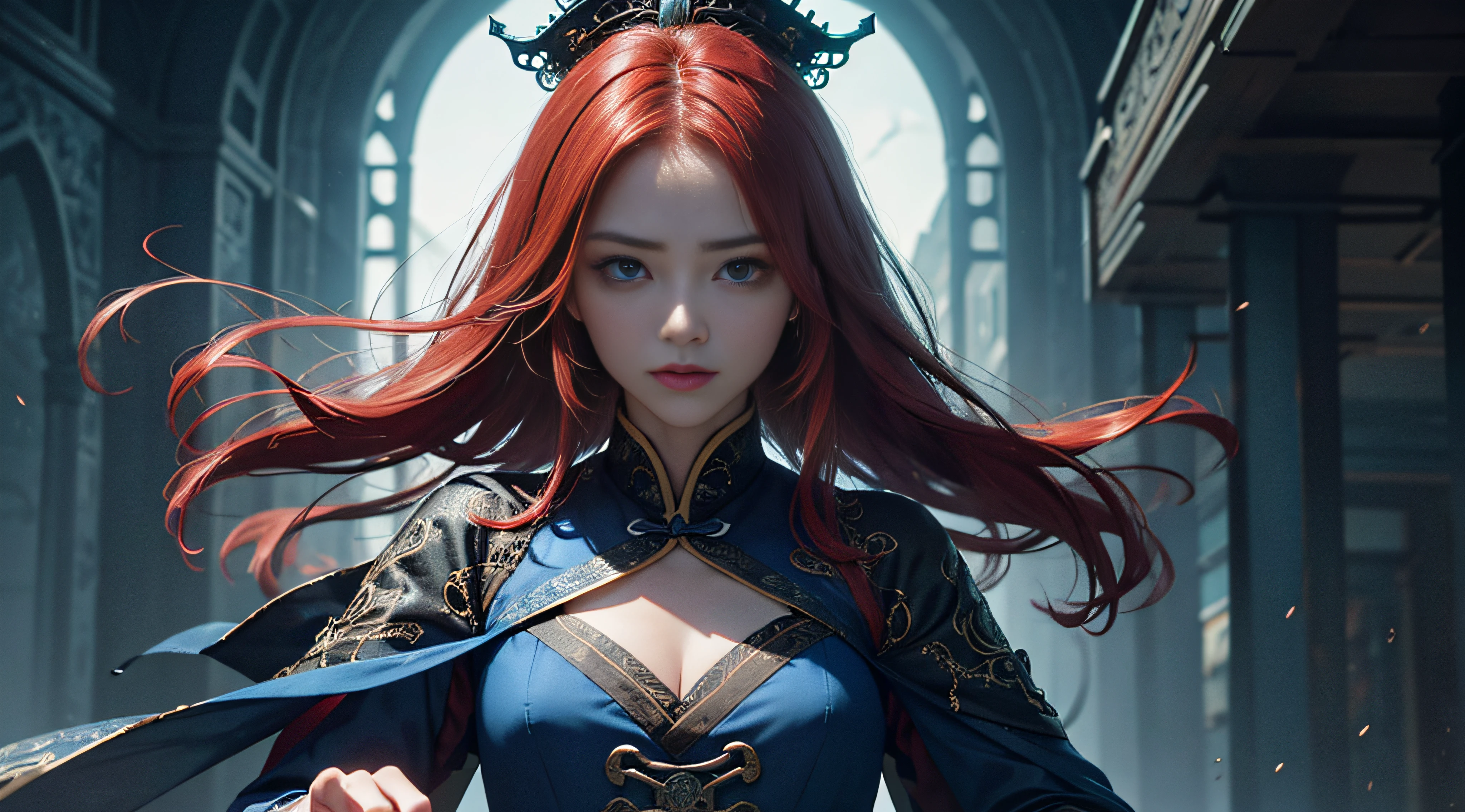 Official Art, Unity 8k wallpaper, super detailed, beautiful, beautiful, closeup potography, cinematic photo, masterpiece, best quality, dark, atmospheric, mystical, romantic, creepy, literature, art, fashion, ming and qing dynasties, decoration, intricate, ironwork, embroidery, contemplation, emotional depth, supernatural, hanfu, 1 girl, red hair, bright blue eyes, closeup, upperbody, cinematic, depth of field, bokeh, 35mm, solo, neck, bust composition