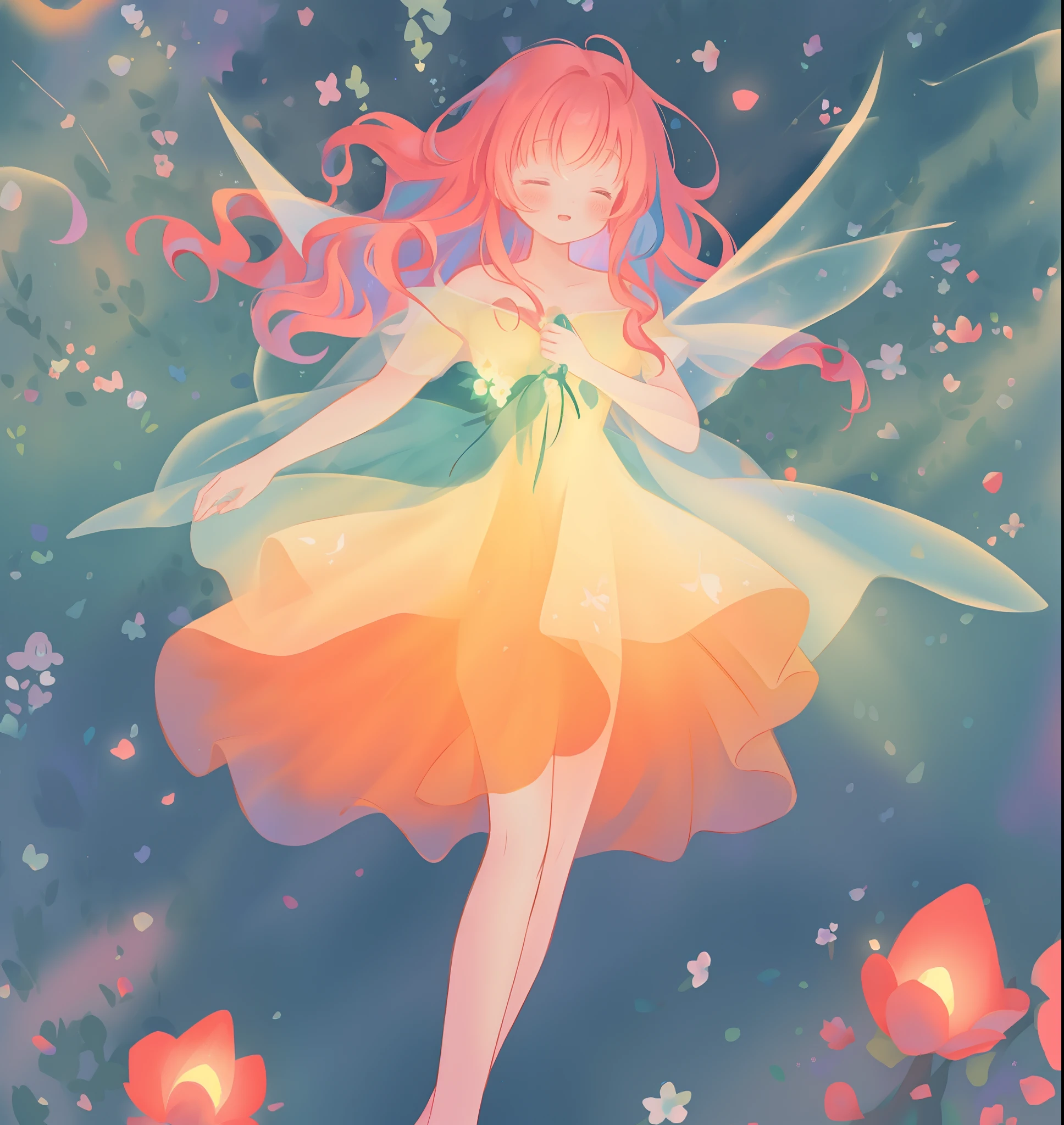 beautiful girl in flowing tiered layered ballgown dress, fairy dress, fairy queen, magical forest background, (glowing fairy wings), glowing flowing ballgown, long wavy hair, sparkling fairy wings, watercolor illustration, flowers and colorful plants, inspired by Glen Keane, inspired by Lois van Baarle, disney art style, by Lois van Baarle, glowing aura around her, by Glen Keane, jen bartel, glowing lights! digital painting, flowing glowing hair, glowing flowing hair, beautiful digital illustration, fantasia otherworldly landscape plants flowers, beautiful, masterpiece, best quality, anime disney style