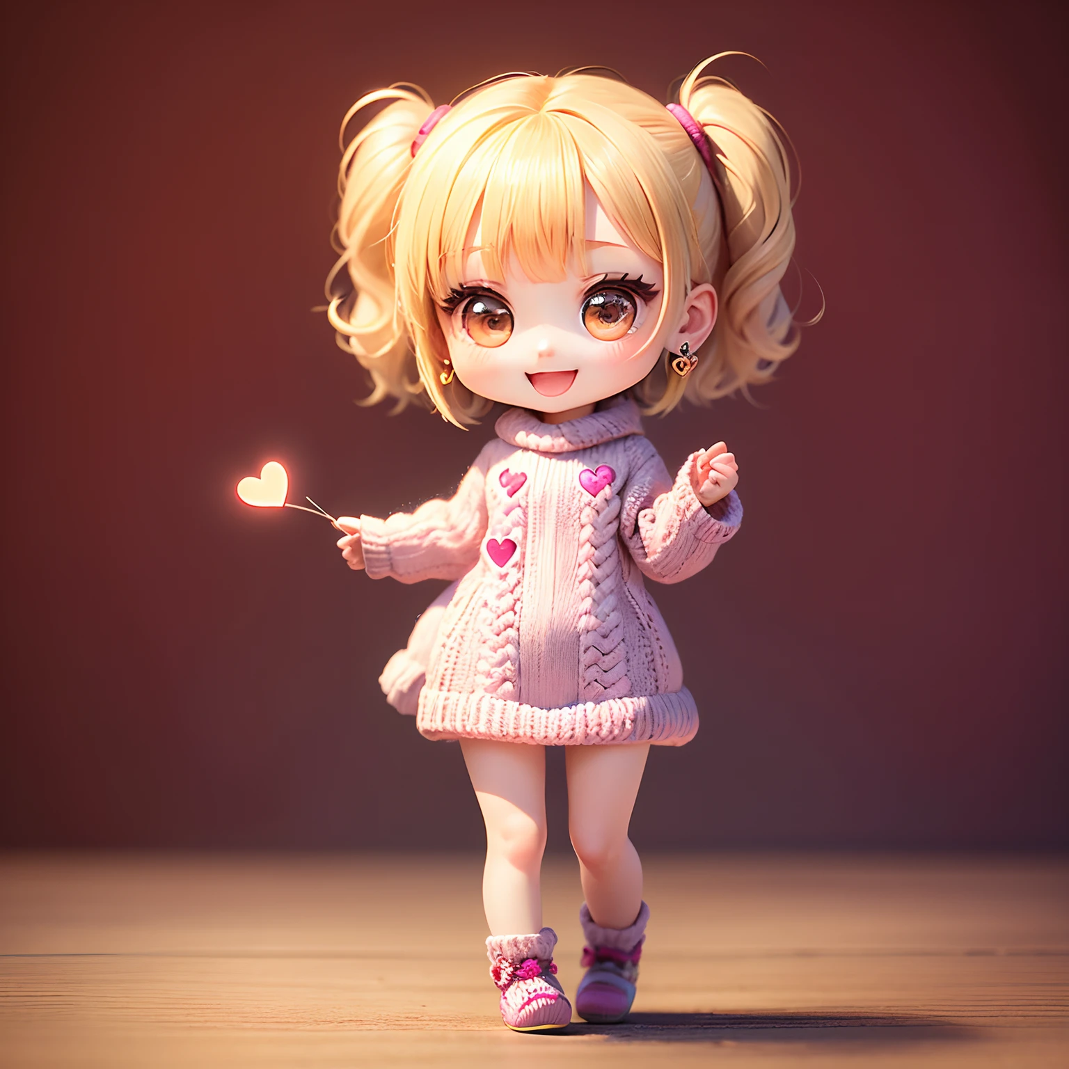 masterpiece、top-quality、ultra-detailliert、(Chibi Chara's Daughter:1.2)、(Earrings with heart motif:1.2)With brilliant pins (Heart motif knit:1.2)、Blonde Bob、Heart motif wallpaper background、Full-body standing figure、Open your mouth and smile、Solo