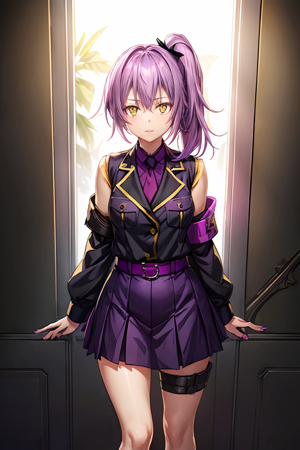 ((Work of art)))
a beautiful and cute girl, medium length purple hair tied in a side ponytail, (((bright golden eyes))),((purple nails))), she wears a military uniform with a black skirt and an armband on her left arm , in the burning hell, standing, barefoot,