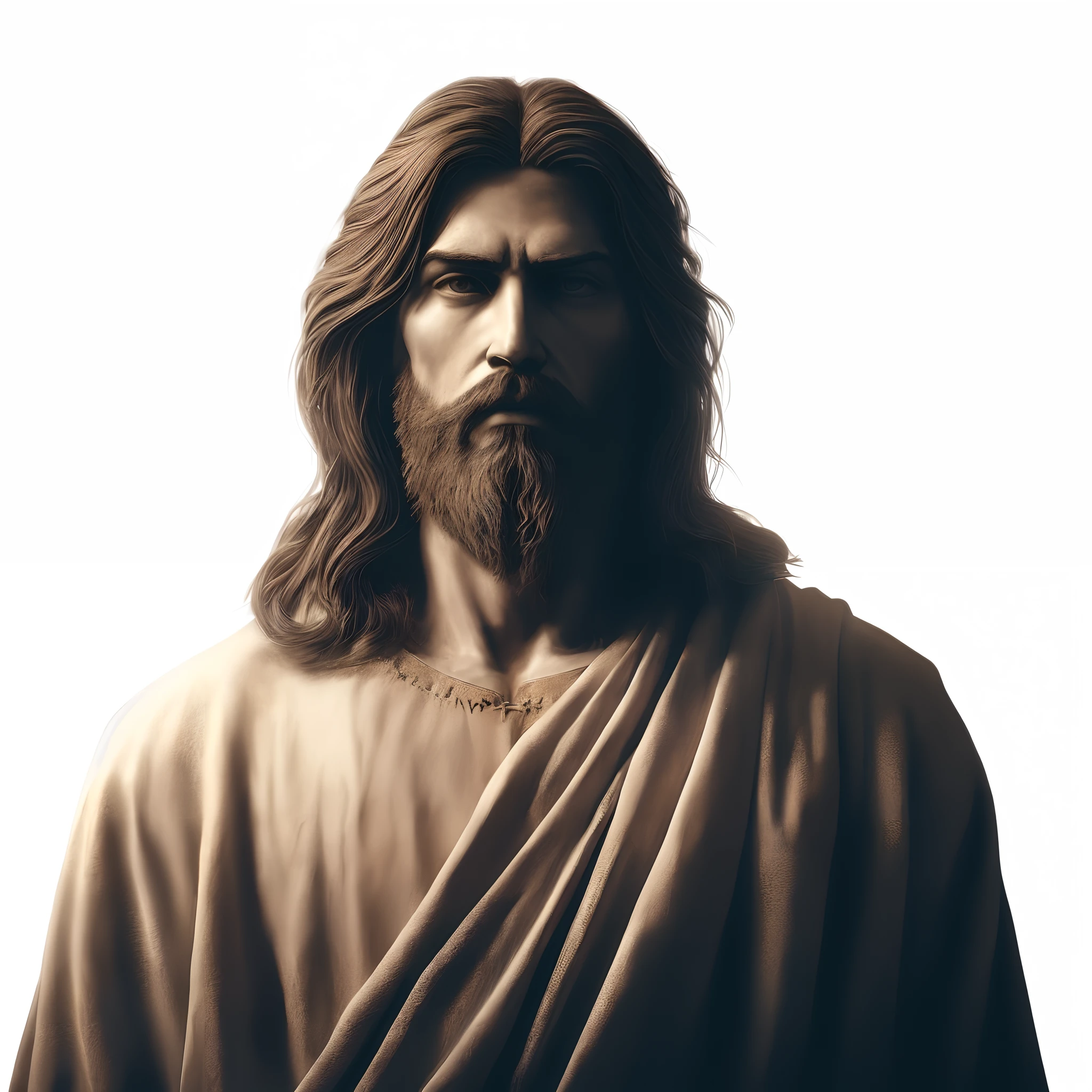 arafed image of a man with a beard and a cross on his chest, jesus christ, jesus face, black jesus, jesus christ in mass effect, jesus, portrait of jesus christ, tron legacy jesus christ, tron legacy jesus, jesus of nazareth, gigachad jesus, realistic 8k bernini sculpture, nicodemus, the lord and savior