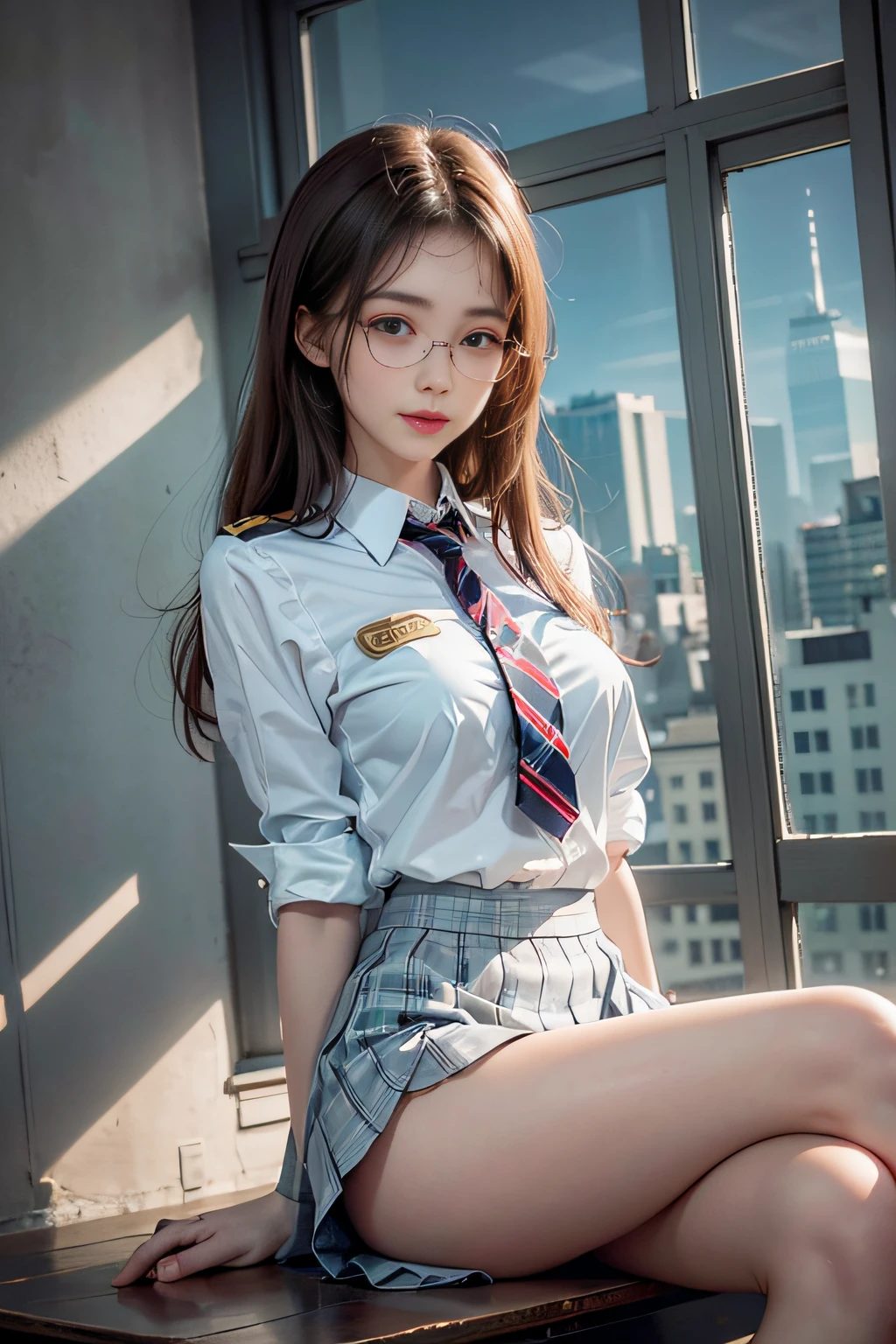 1 rapariga、((Beautiful girl sitting in classroom))、long leges、Crossed legs、((A smile))、moderately sized breasts,、(8K、RAW photography、top-quality、tmasterpiece:1.2)、(hentail realism、photoRealstic:1.37)、Student clothes、((Girl in white blazer、Open before the uniform)), Badge on the chest、、Translucent white shirt、、red necktie、、flare skirt,Narrow check,((Wearing a skirt)),Light chestnut long straight hair,,(skyscrapers outside window)、Wearing glasses,((panties are visible)),((The skirt soars in the wind))、