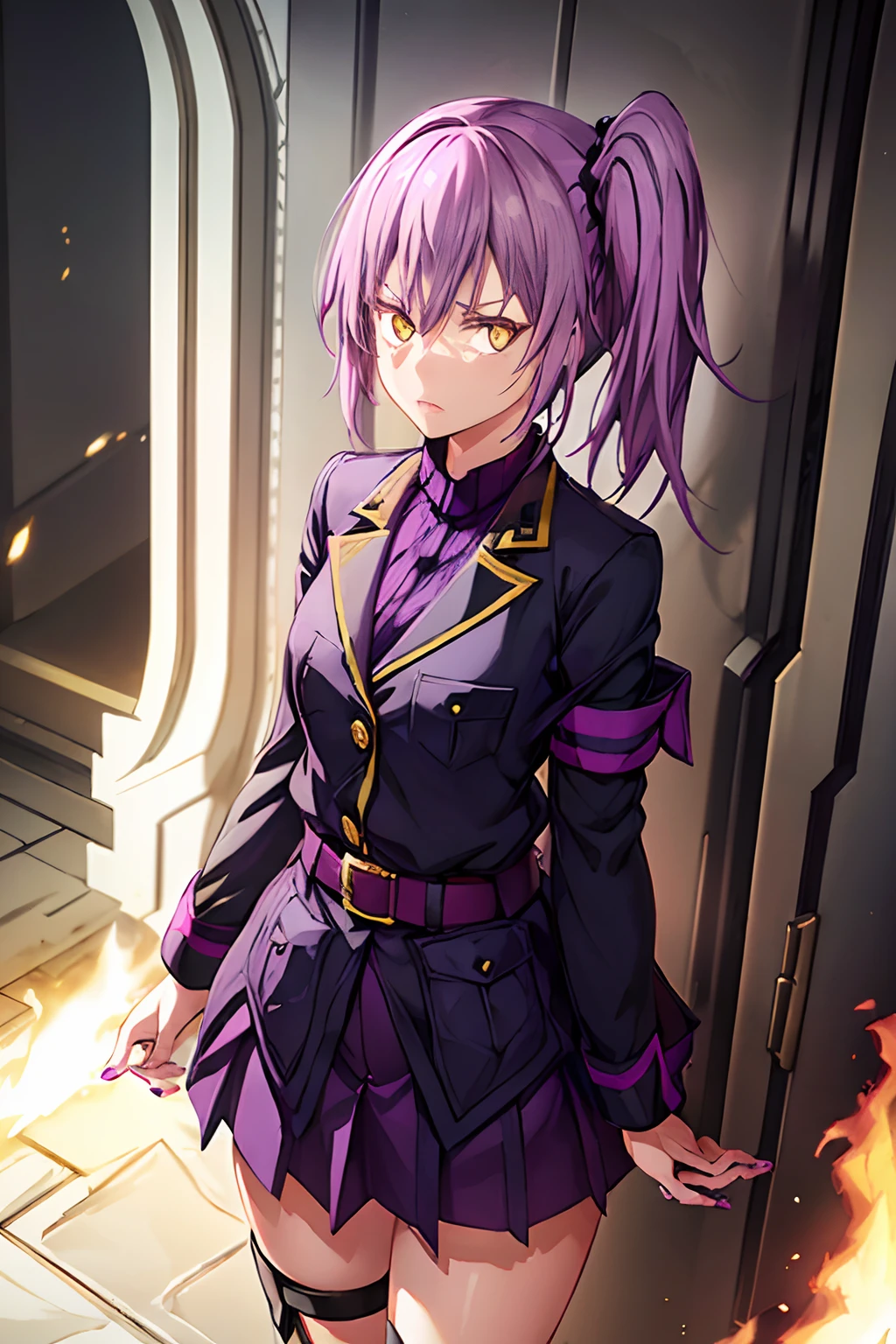 ((Work of art)))
a beautiful and cute girl, medium length purple hair tied in a side ponytail, (((bright golden eyes))),((purple nails))), she wears a military uniform with a black skirt and an armband on her left arm , ((scenario in burning hell)), standing, barefoot, serious expression