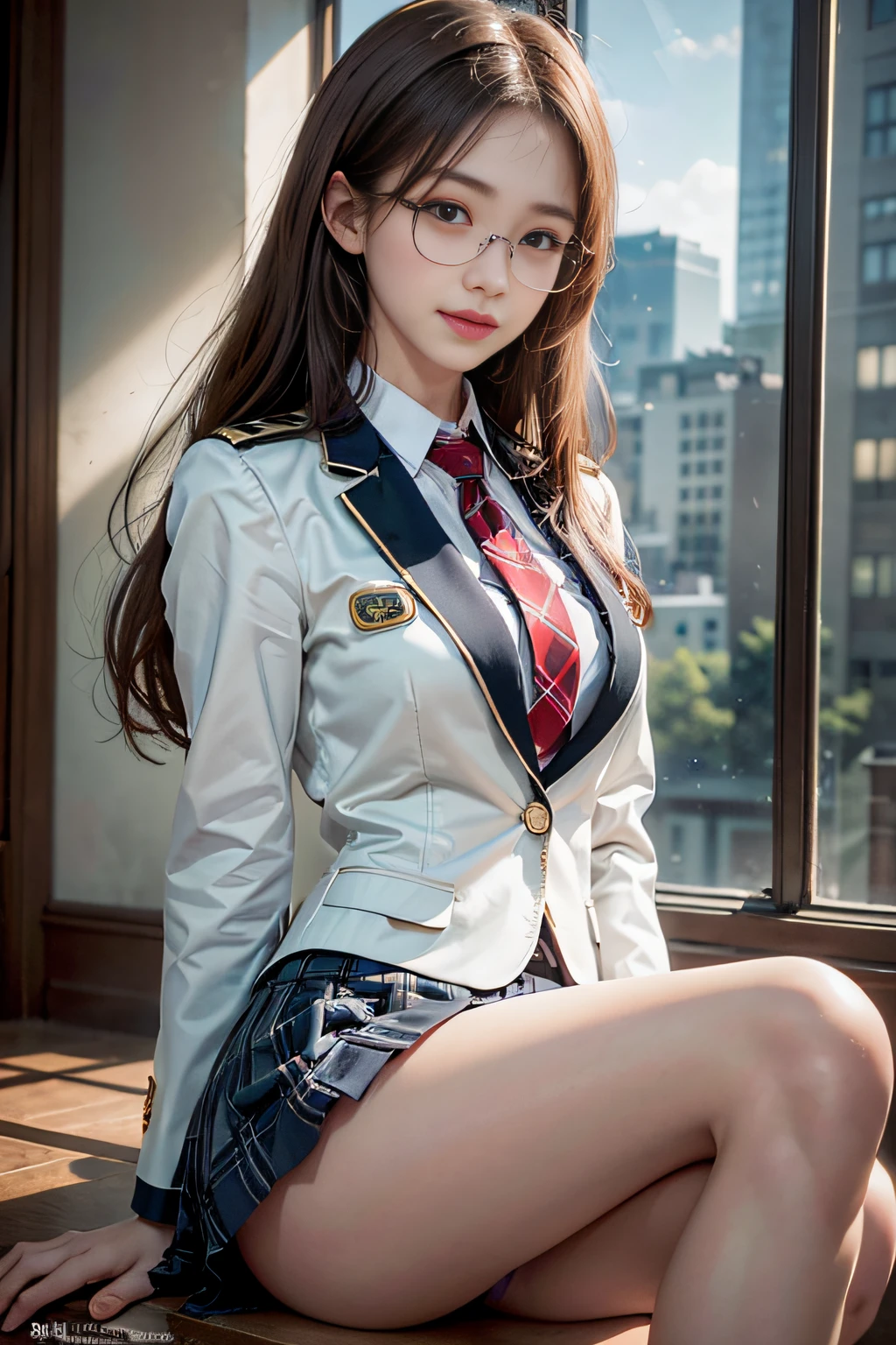 1 rapariga、（(Beautiful girl sitting in classroom)）、long leges、Crossed legs、（(A smile)）、moderately sized breasts,、(8K、RAW photography、top-quality、tmasterpiece:1.2)、(hentail realism、photoRealstic:1.37)、Student clothes、（(Girl in white blazer、Open before the uniform)),　Badge on the chest、、Translucent white shirt、、red necktie、、flare skirt，Narrow check,((Wearing a skirt)),Light chestnut long straight hair,,（skyscrapers outside window）、Wearing glasses,((panties are visible)),((The skirt soars in the wind))、