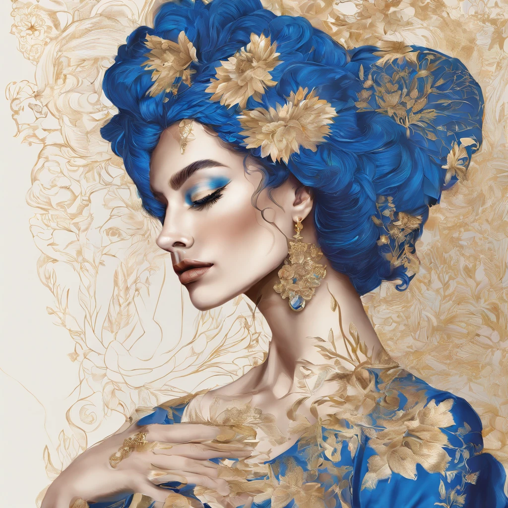 A woman is caressing the blue demon with her hand，He was smelling the flowers，The picture shows only the woman's side face and flowers，Drawn with golden lines